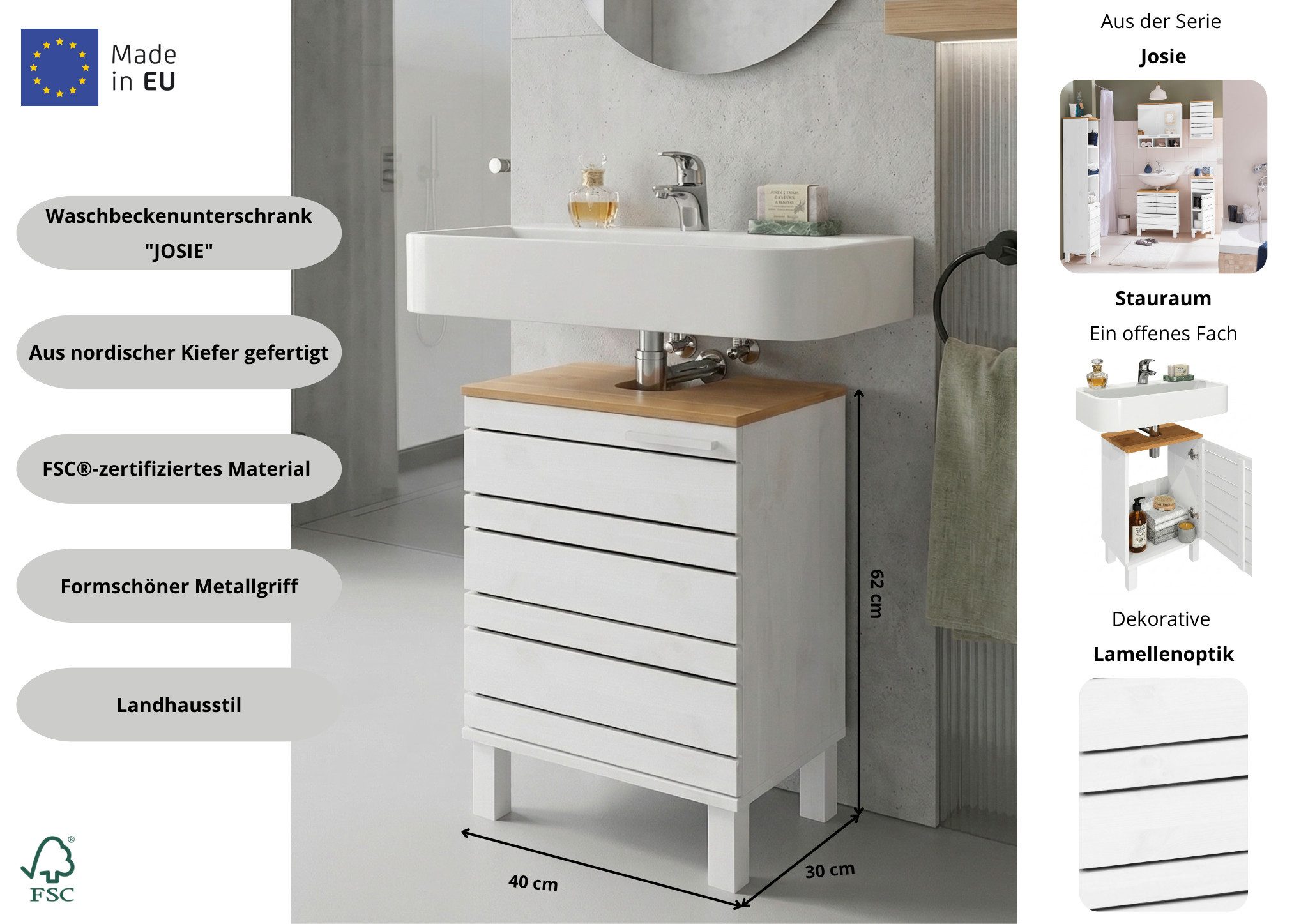 Home affaire Waschbeckenunterschrank JOSIE Breite 40 cm, aus Massivholz, Metallgriff, 1 Tür
