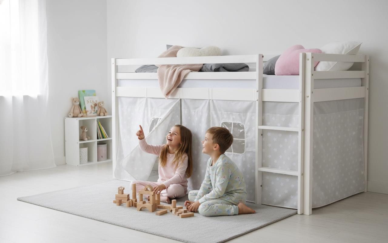 Homestyle4u Hochbett 90x200 cm Weiß mit Vorhang Sterne Grau für 1 Kind Holz Massiv Kiefer mit Rausfallschutz, ohne Lattenrost, Jungen Mädchen