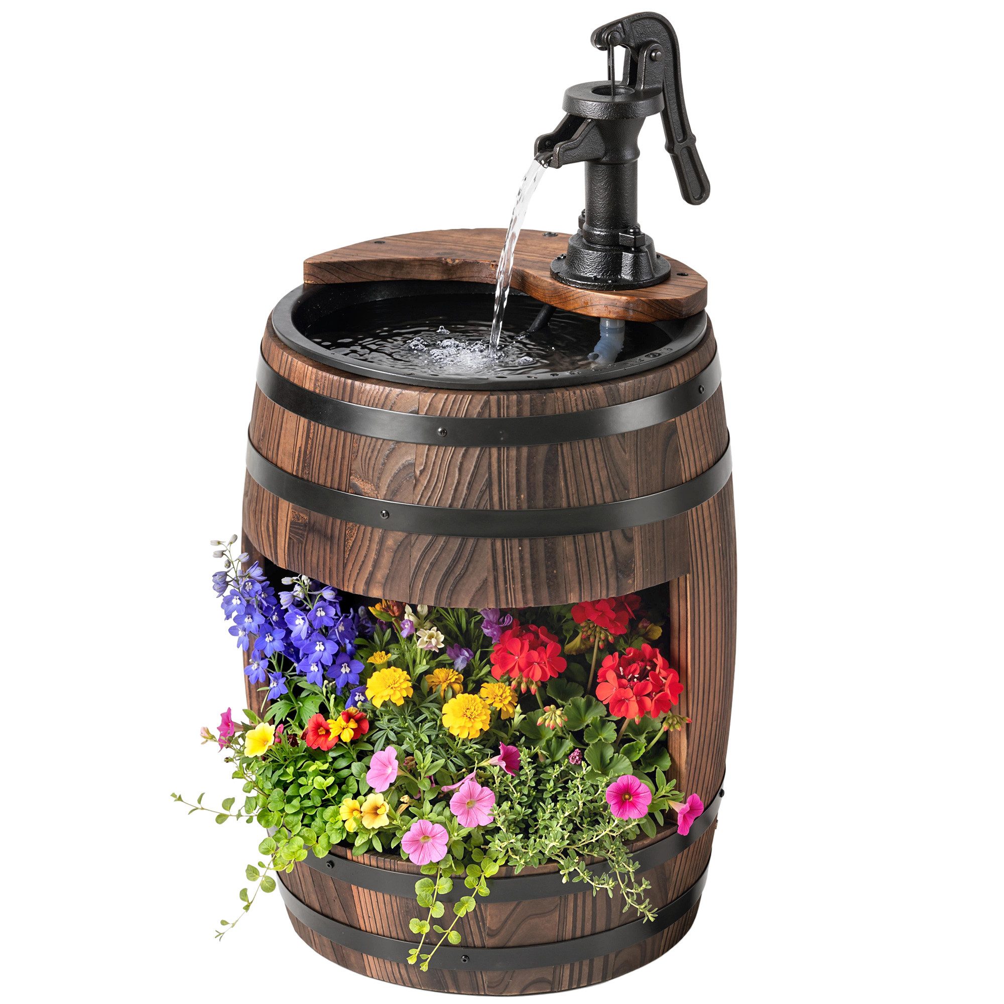 Outsunny Gartenbrunnen Fassbrunnen Wasserfall Holzfass mit Pflanzgefäß, 28 cm Breite, Wasserbecken BxT: 23x23 cm, (Zierbrunnen, 1 tlg., Springbrunnen), Tannenholz + Metall Dunkelbraun Ø27 x 59 cm