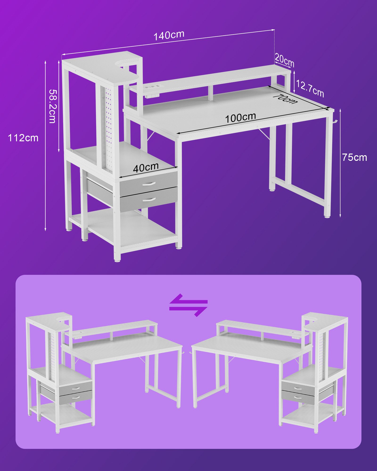 HOMALL Gamingtisch Schreibtisch mit LED-Beleuchtung und Tischplatte aus Karbonfaser (Gaming Schreibtisch 120/140 cm L-Form mit LED-Beleuchtung, Steckdose & USB, Monitorständer, PC-Tower-Halter, 2 Schubladen, Lochplatte, Kopfhörerhalter, Gaming Tisch Schwarz Kohlefaser)