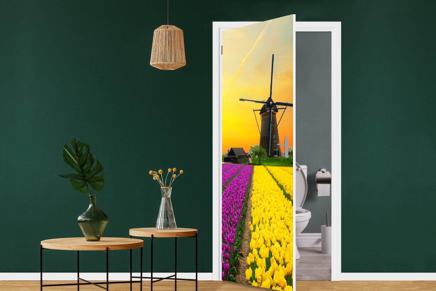 Blumen Tür, - Matt, Fototapete bedruckt, - cm Windmühle MuchoWow Tulpen - für Frühling, (1 St), 75x205 Türtapete Türaufkleber,