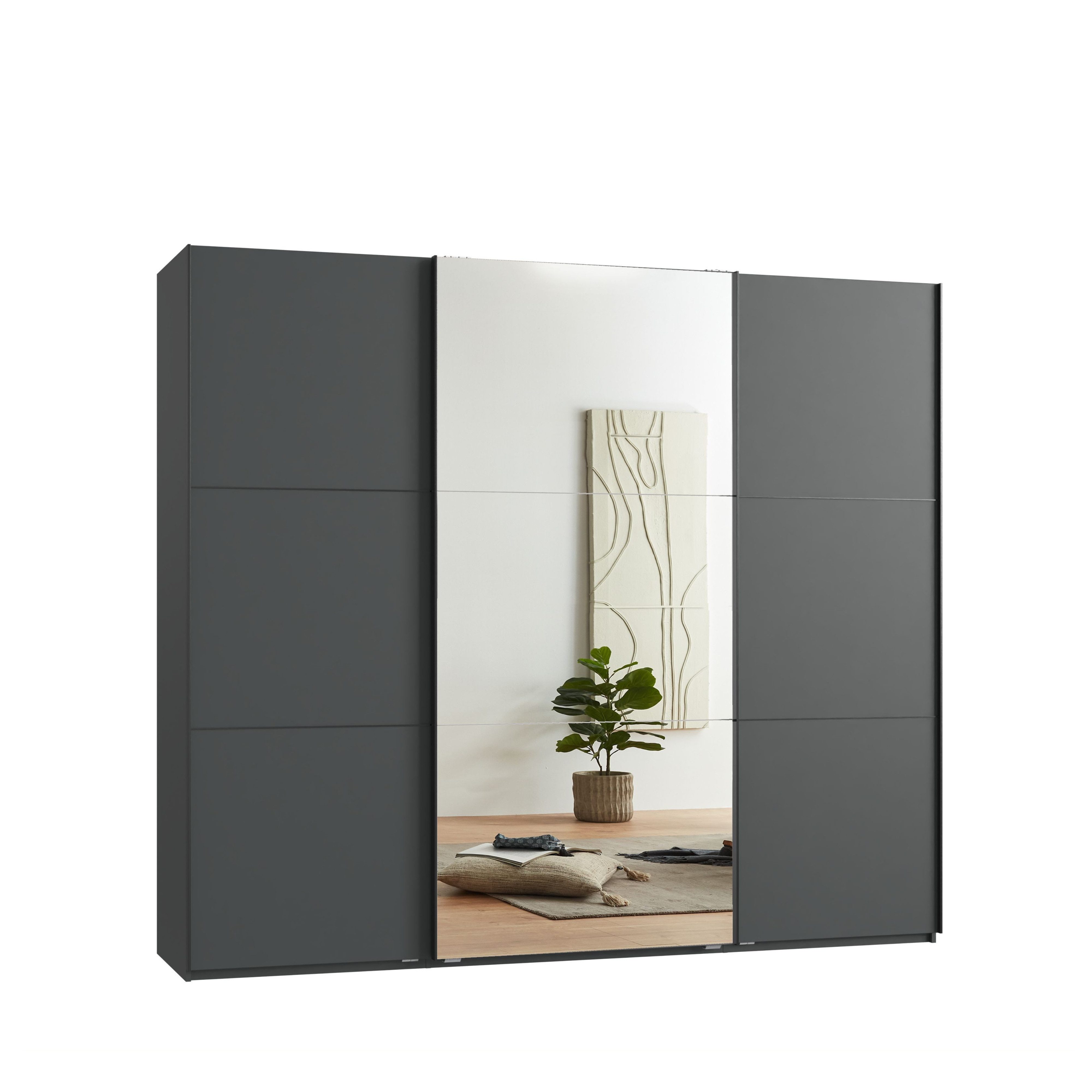 luma-home Schwebetürenschrank 22015 (3-türiger Kleiderschrank mit Vollausstattung als optimale Stauraumlösung) B250/H216/T65 cm in Anthrazit mit Spiegel und schwarzen Griffleisten