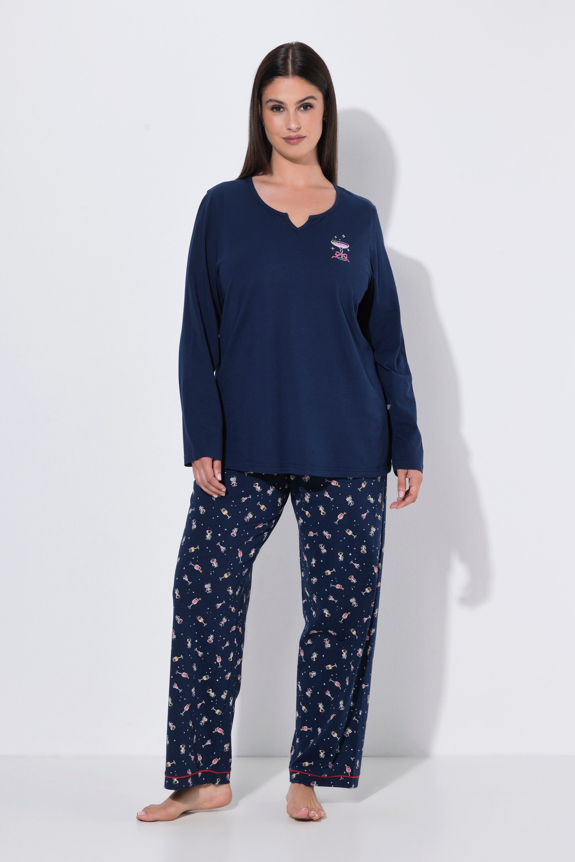 Ulla Popken Pyjama Pyjama Cocktail Tunika-Ausschnitt Langarm
