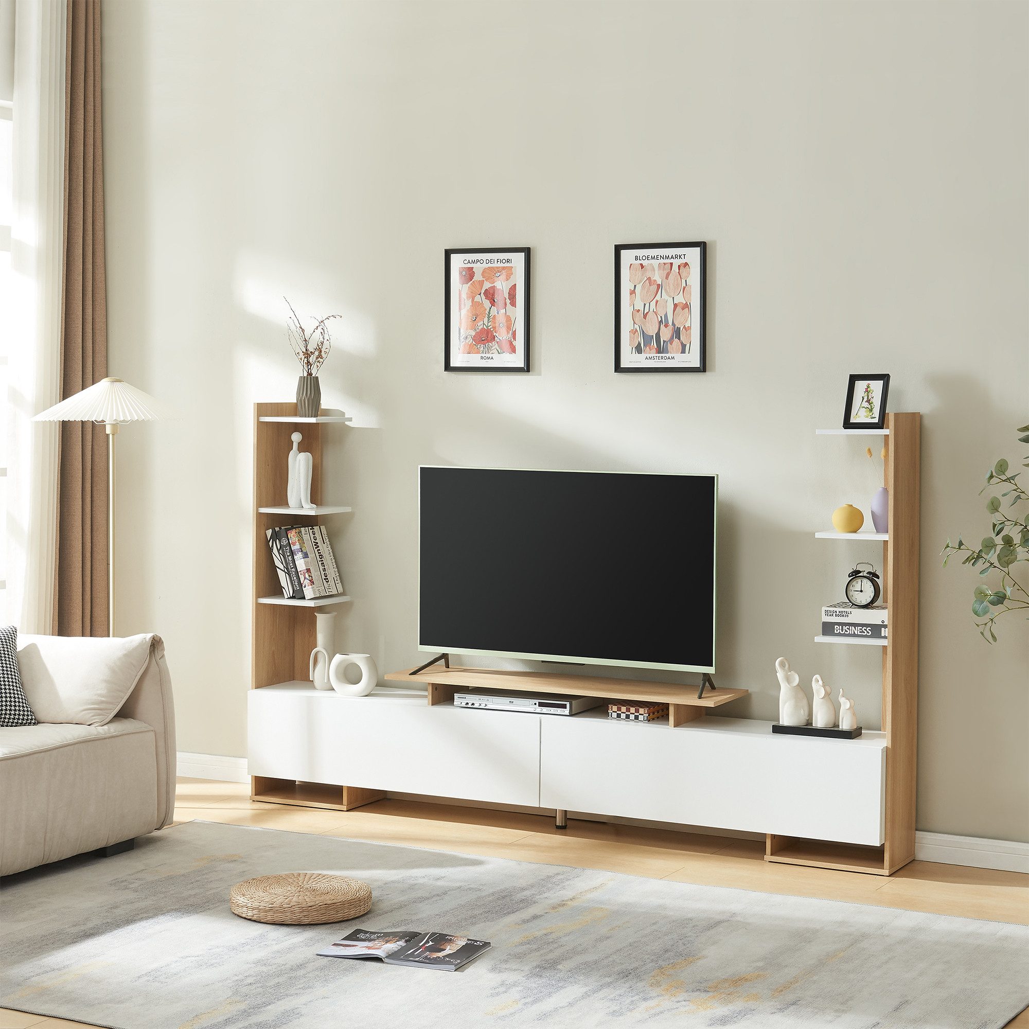 en.casa TV-Schrank »Rauki« mit Seitenregalen 233 x 31 x 141 cm Weiß/Eicheoptik