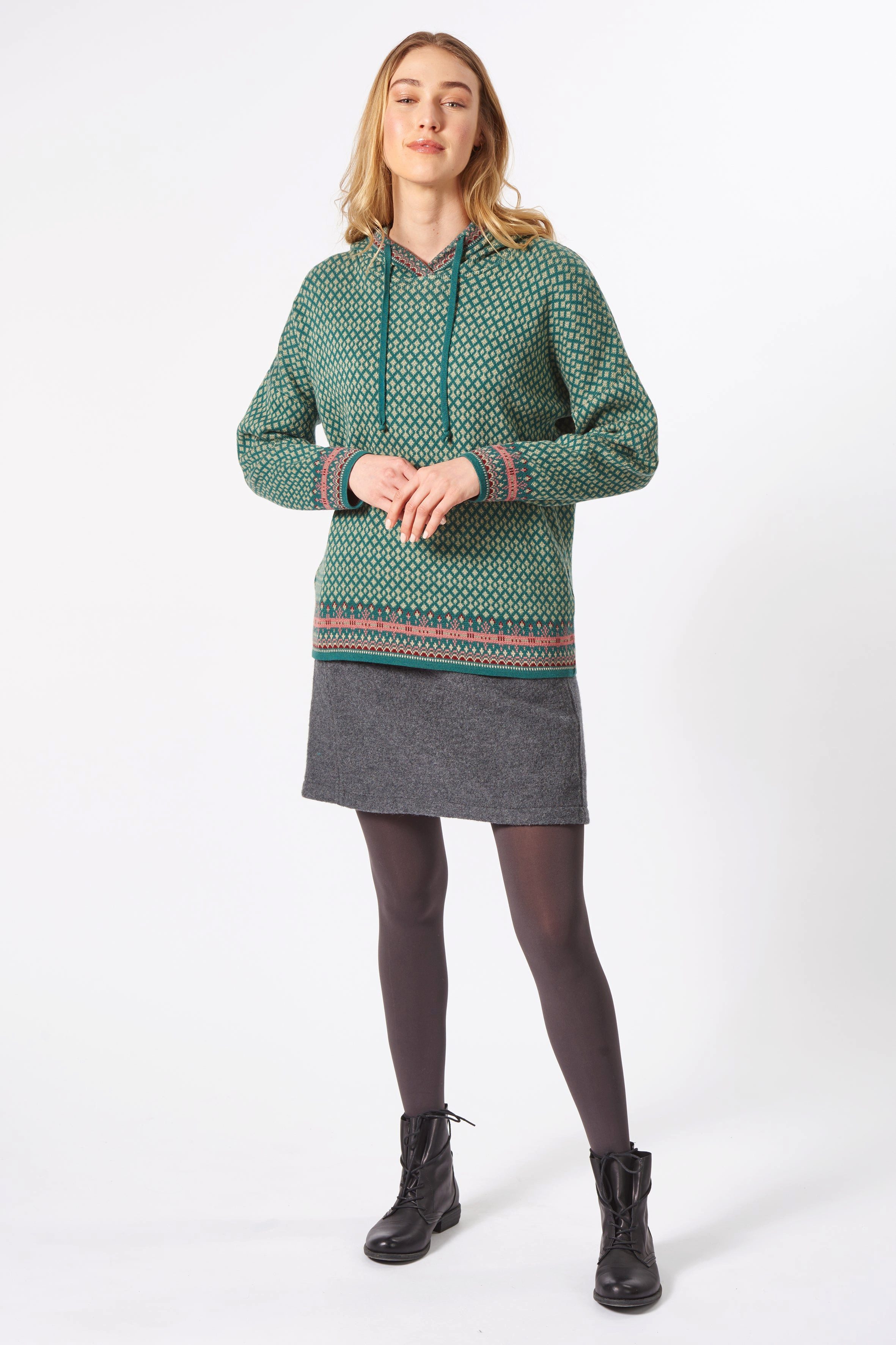 Kapuzenpullover Pullover Damen mit elegantem Jacquardmuster aus reiner Bio-Baumwolle