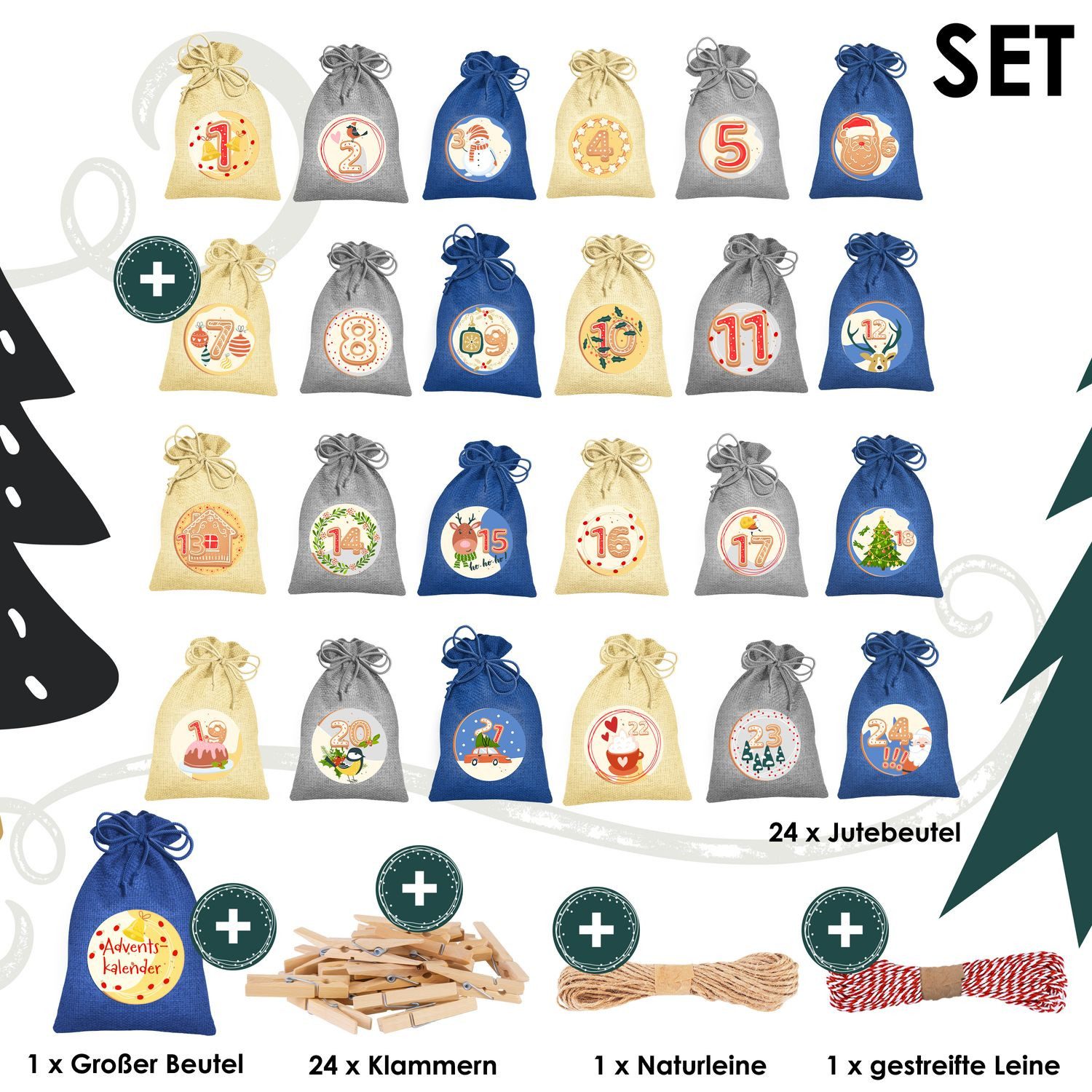 KESSER Adventskalender, Adventskalender zum Befüllen 24 Jutebeutel Stoffbezug gedruckt