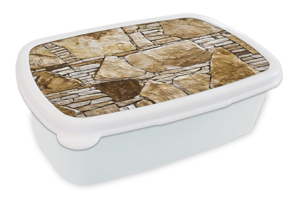 MuchoWow Lunchbox Felsbrocken - Mauer - Steine, Kunststoff, (2-tlg), Brotbox für Kinder und Erwachsene, Brotdose, für Jungs und Mädchen weiß