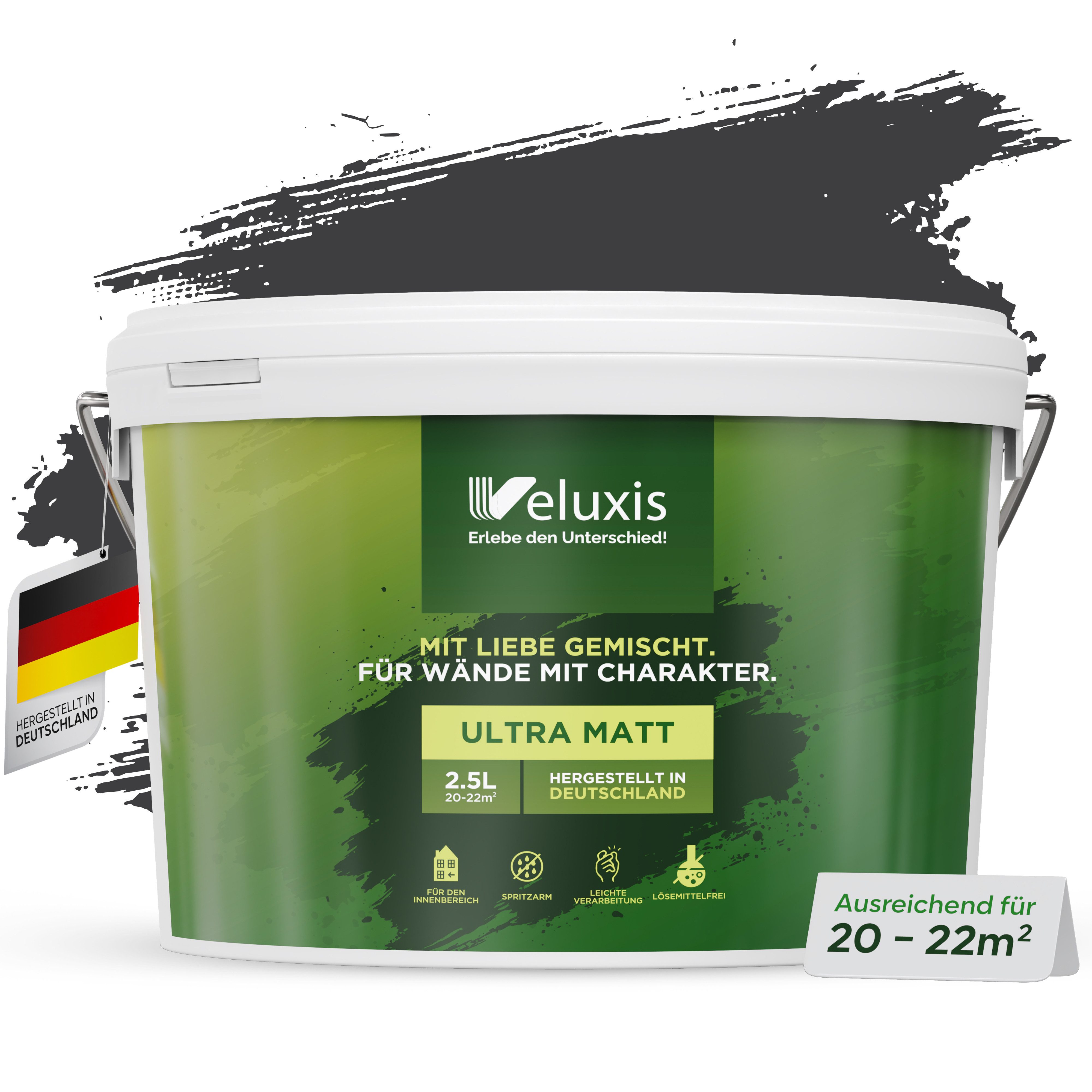 Veluxis Wandfarbe Veluxis® Wandfarbe, Deckkraft-Klasse 1, Streifenfrei, tropfarm & VOC-frei