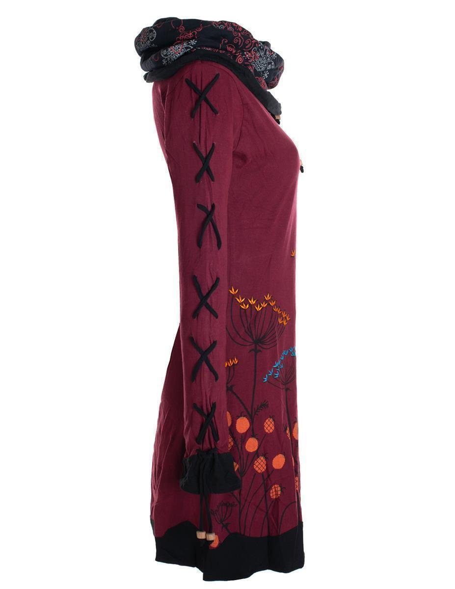 Elfen Boho, Vishes dunkelrot Langarm-Shirtkleid Style Hippie, Jerseykleid mit Schalkragen Blumenkleid