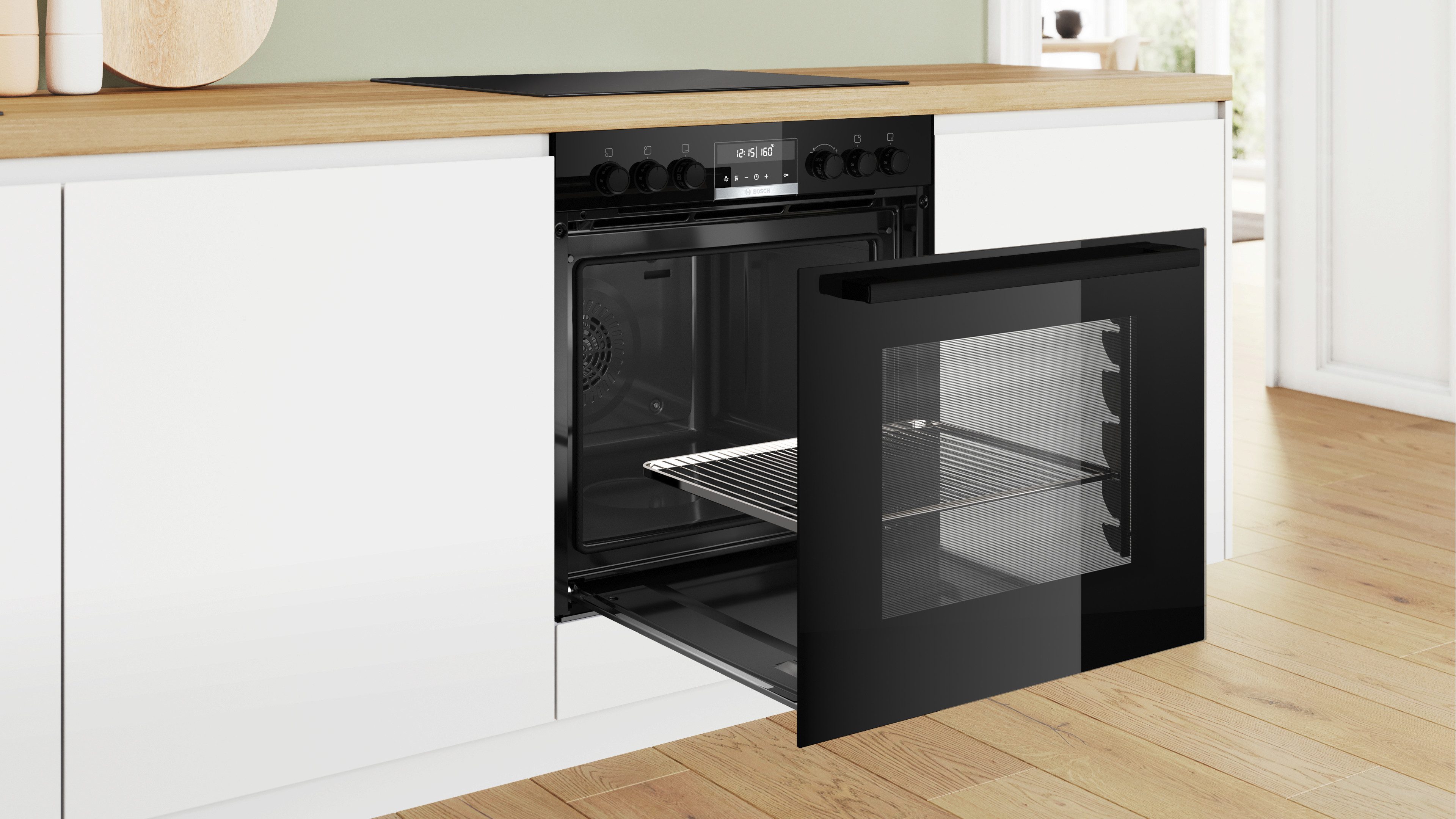 BOSCH Induktions Herd-Set HND677LS67, mit Backwagen, Pyrolyse-Selbstreinigung, Backwagen mit ausziehbarer Tür für bequemes Kochen & Backen