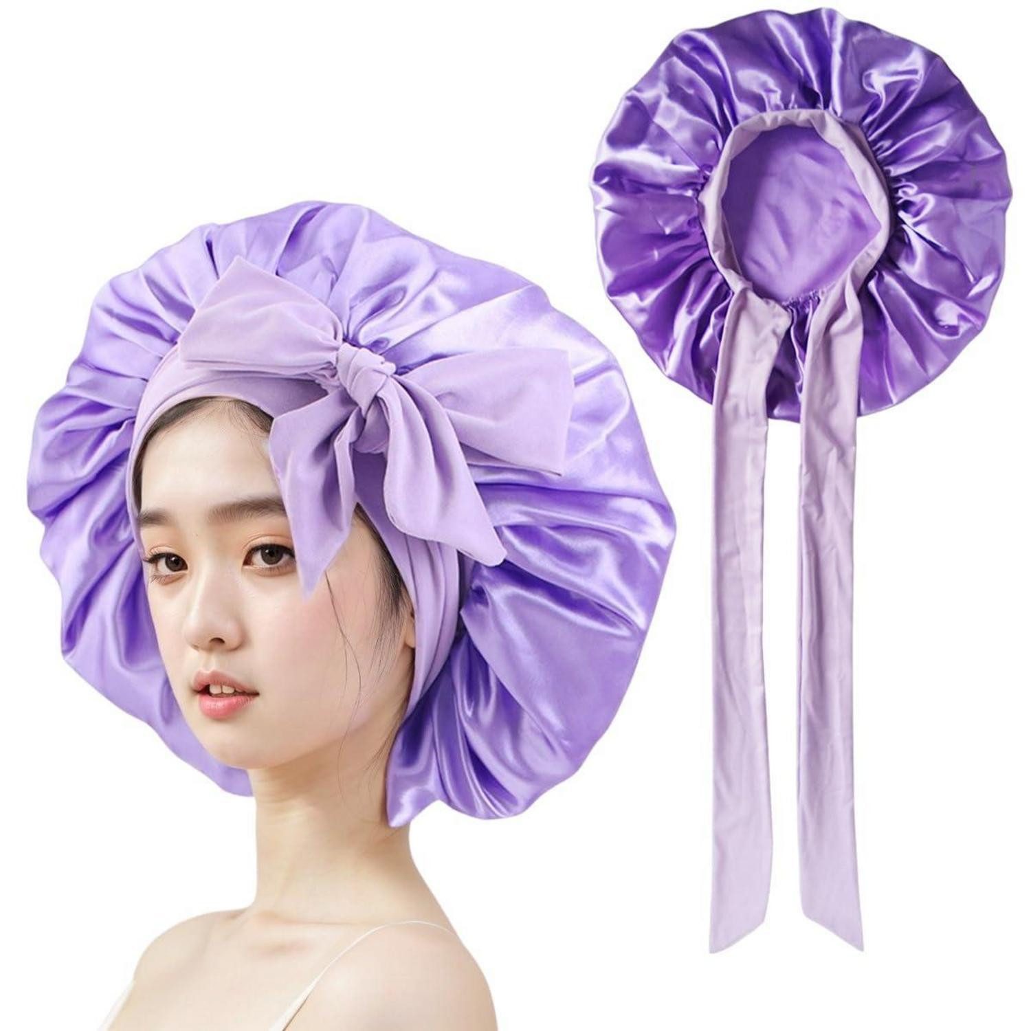 LuxusKollektion Duschhaube Schlafhaube Satin Seide Bonnet Damen Haare Pflege Hellviolett