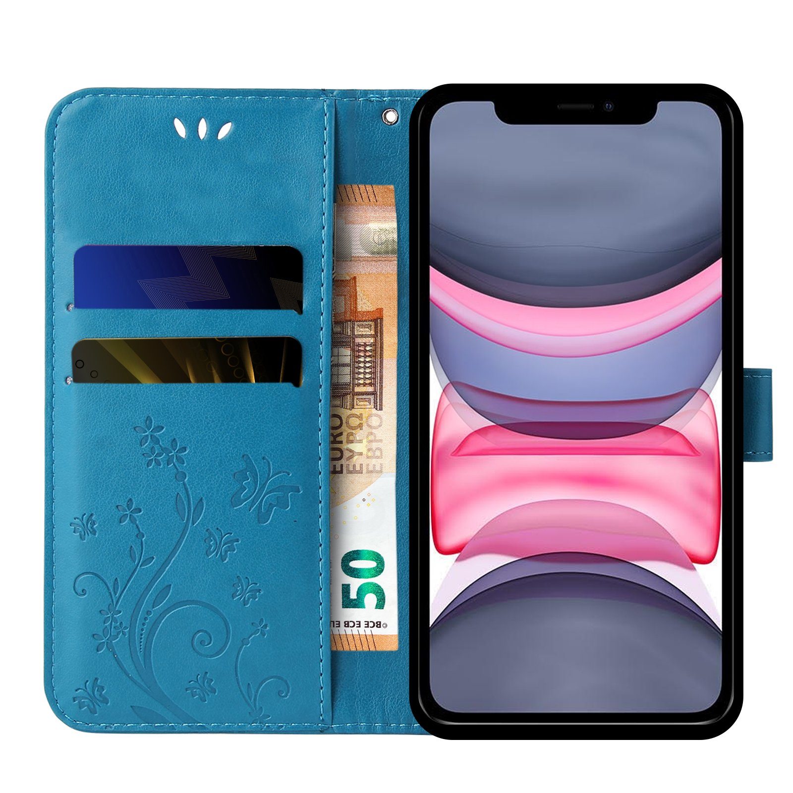 Tec-Expert Handyhülle Cover Tasche Hülle für Apple iPhone 11 6,1 Zoll, Klapphülle Case mit Kartenfach Fliphülle aufstellbar, Motiv Blumen