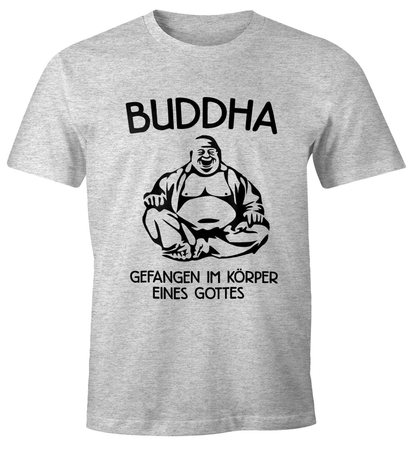MoonWorks Print-Shirt Buddha - Gefangen im Körper eines Gottes Herren T-Shirt Fun-Shirt Moonworks® mit Print grau