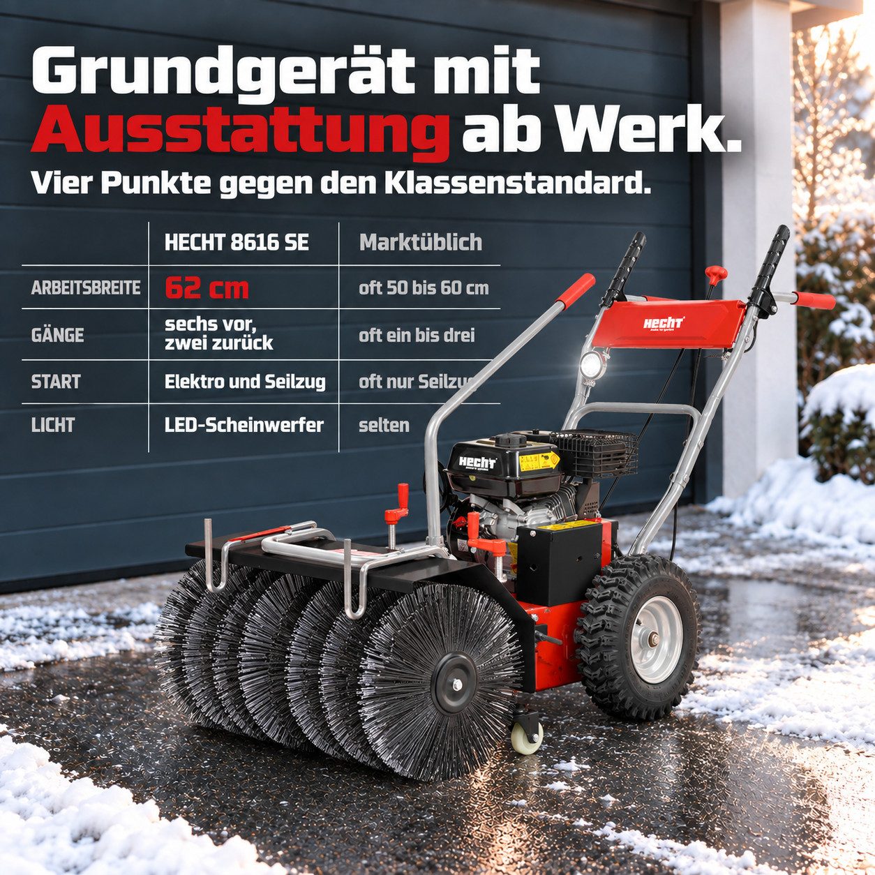 Hecht Benzin-Kehrmaschine 8616 SE Set 3 Benzin 62 cm mit Auffangbox, 62,00 cm Arbeitsbreite, Elektrostart, 6,5 PS
