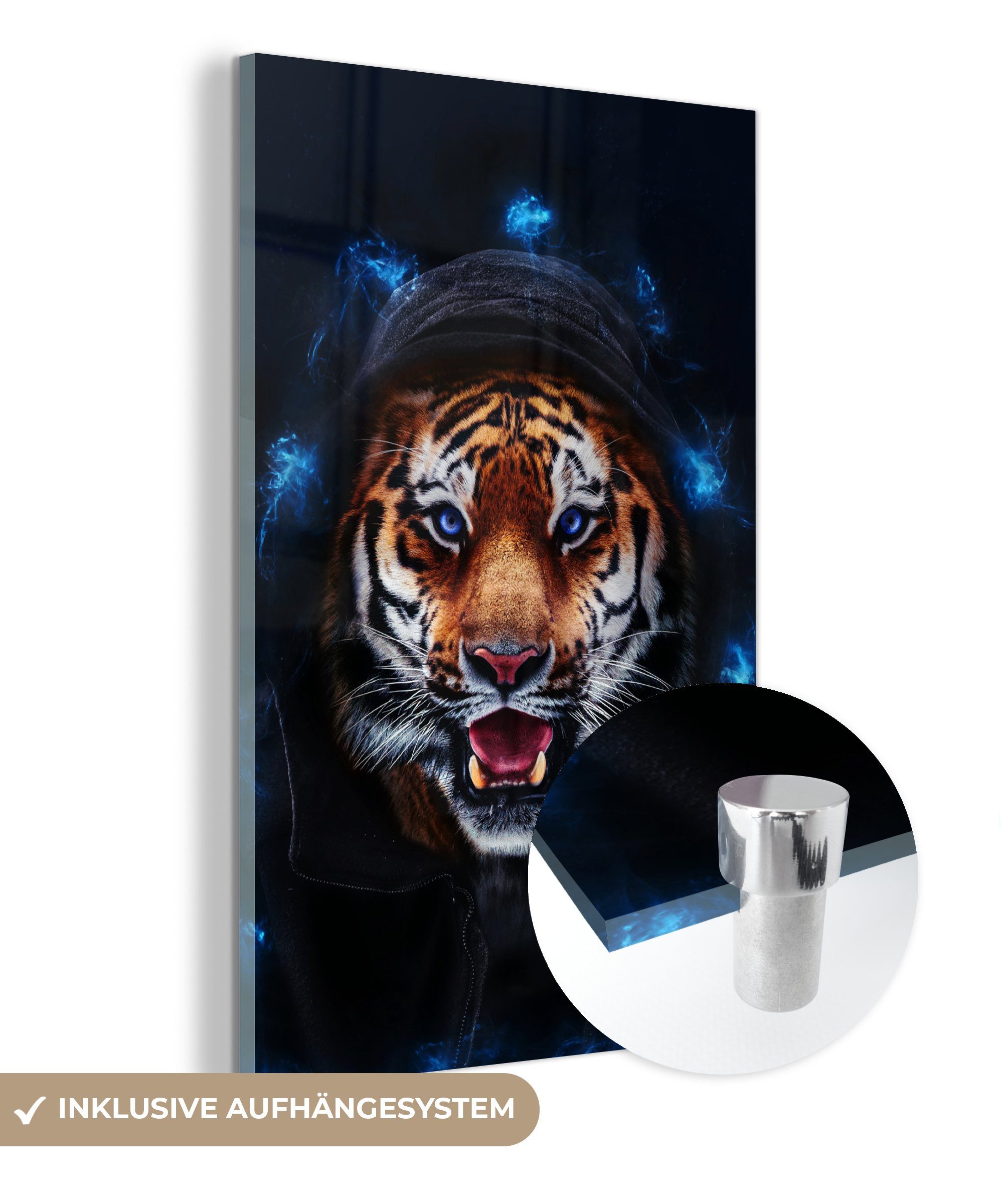 MuchoWow Acrylglasbild Porträt - Tiger - Blau, (1 St), Glasbilder - Bilder auf Glas Wandbild - Foto auf Glas - Wanddekoration bunt