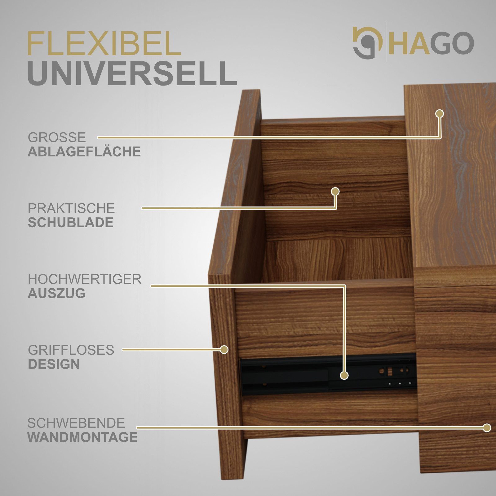 HAGO Nachttisch 46x30x15cm Schublade schwebend Wandregal Hängeschrank Kommode Nachtsch, Minimalistisches Design