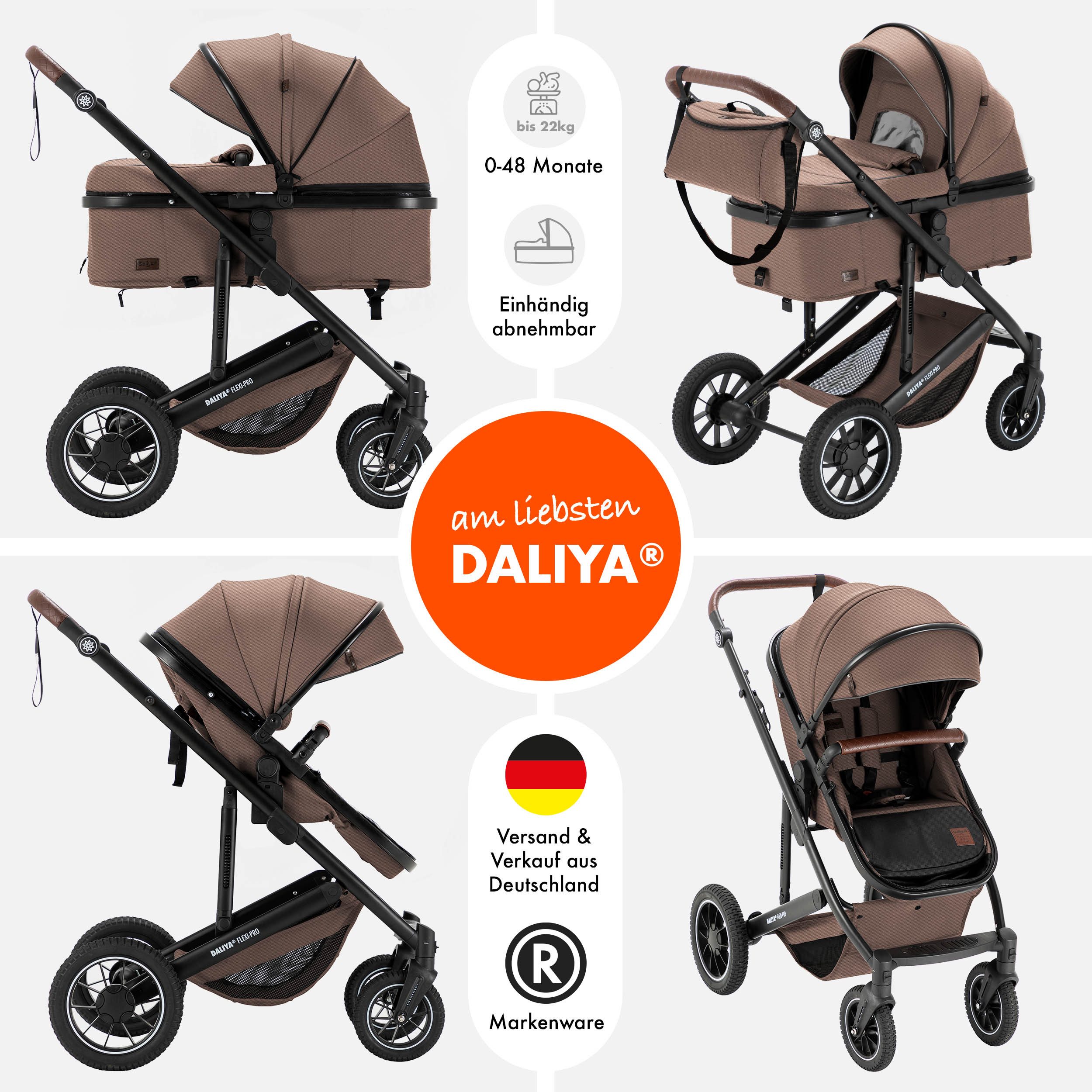 Daliya® Kombi-Kinderwagen FLEXI-PRO M 2in1 Kinderwagen & Buggy, Reisekinderwagen, XXL Set, (10-tlg), Einhändig abnehmbare Wanne, Alu-Rahmen, Gummireifen, Gurte, UV 50+
