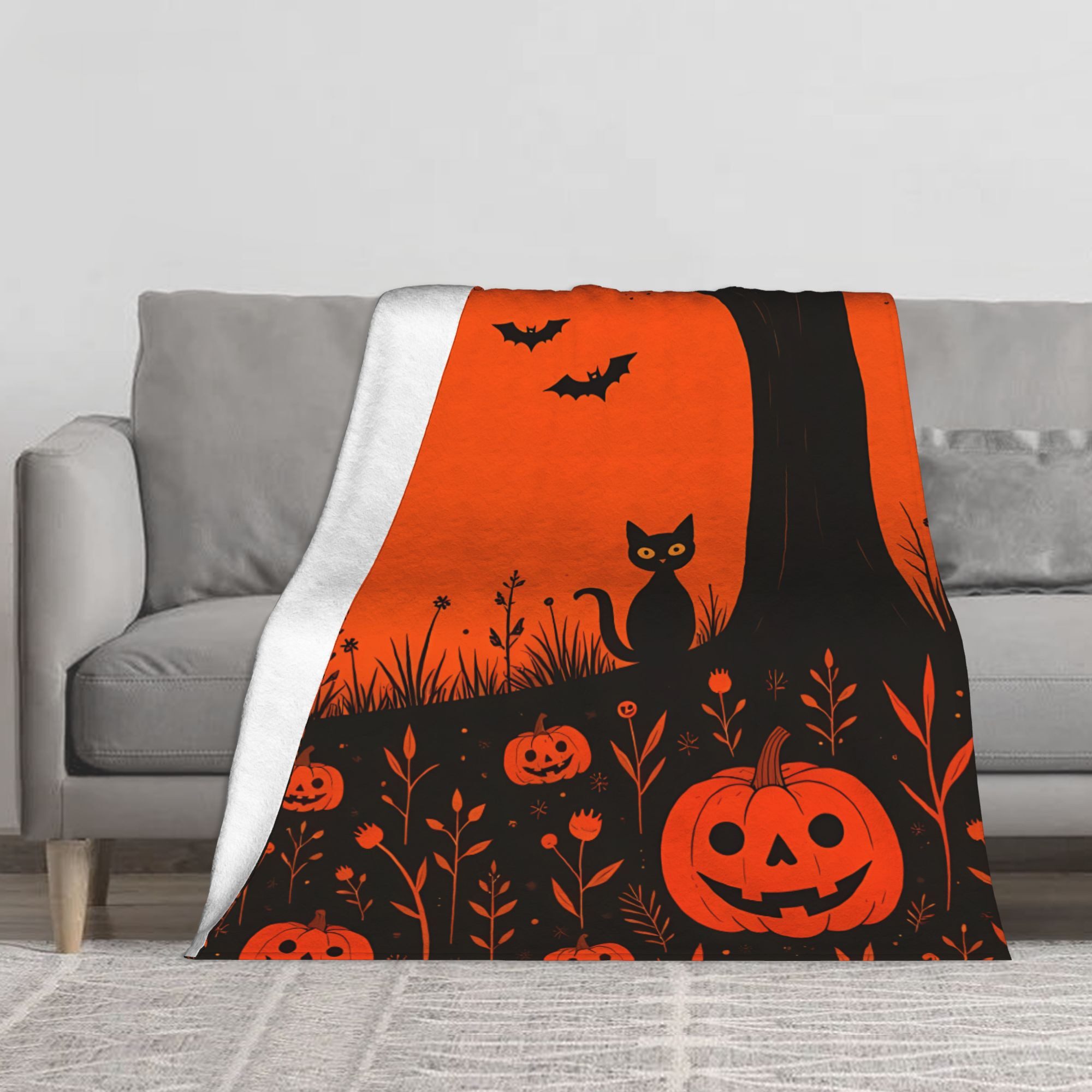 Wohndecke Halloween Flanell Decke Fledermaus&Kürbis – kuschelig & warm, PYLIKE, 30x40, 40x60, 50x60, 60x80 in.