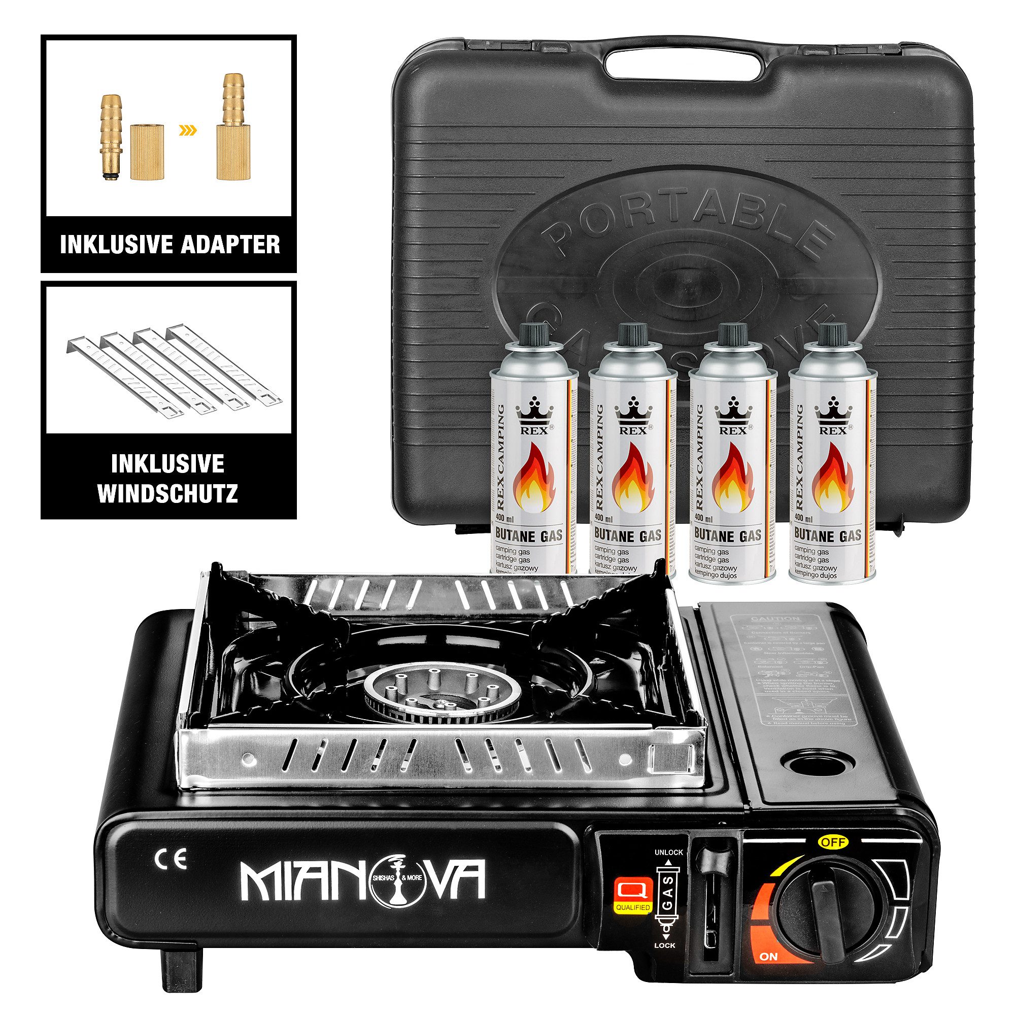 Mianova Gaskocher Campingkocher Gaskocher 2in1 LPG Anschluss + 4x Gaskartuschen Koffer, (Outdoor BBQ Barbecue Grill Gas Camping Herd Мультиварки Tischgrill Notfall Campingherd Notfallkocher Gaskocher), Inkl. 4 Gaskartuschen und Windschutz