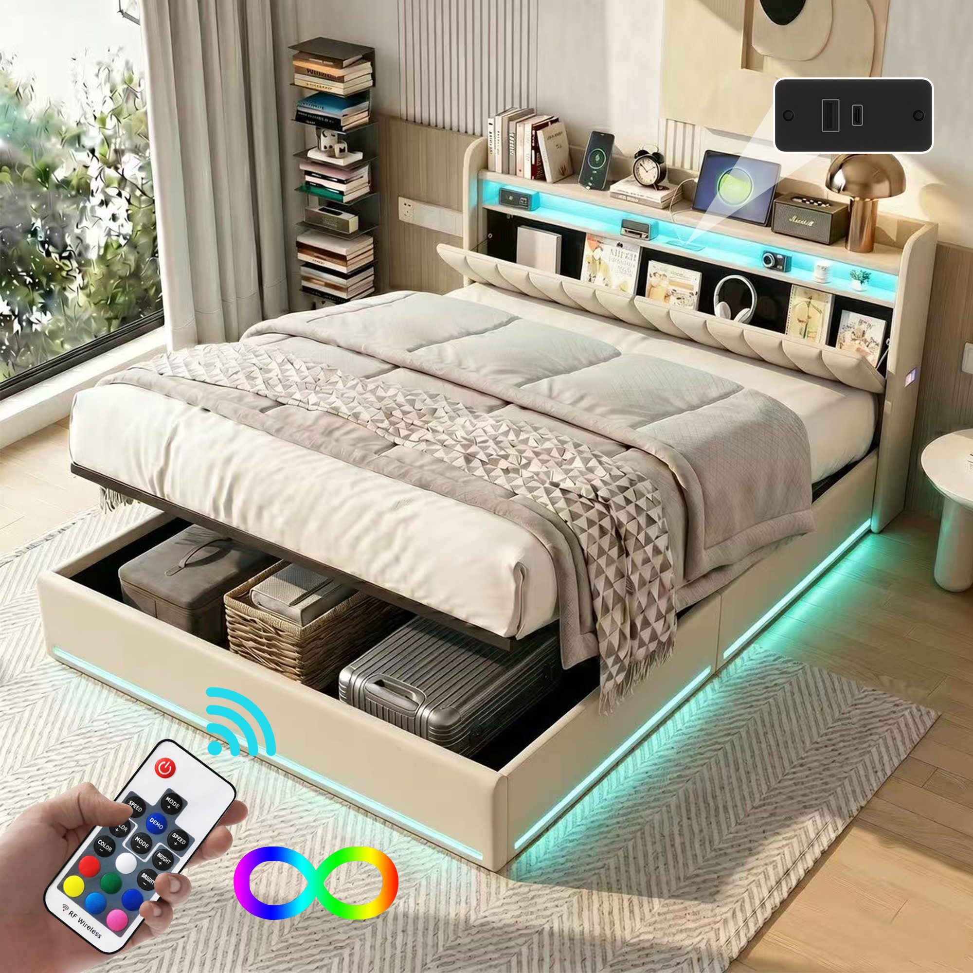 Gdood Polsterbett Stauraumbett Doppelbett LED (Type-C + USB, Hydraulisch hebbarer Stauraum), Mit Bettkasten, LED-Beleuchtung, USB-Anschluss, 160x200 cm