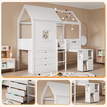 REDOM Kinderbett Stauraumbett, Hausform, ausziehbarer Tisch, drei Schubladen (90*200cm), ohne Matratze