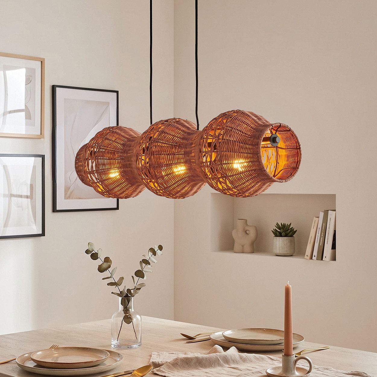 hofstein Pendelleuchte Hängelampe aus Metall/Rattan in Schwarz/Naturfarben/Braun, ohne Leuchtmittel, Hängeleuchte im skandinavischen Design, Boho-Style, max. 170 cm, 3xE27