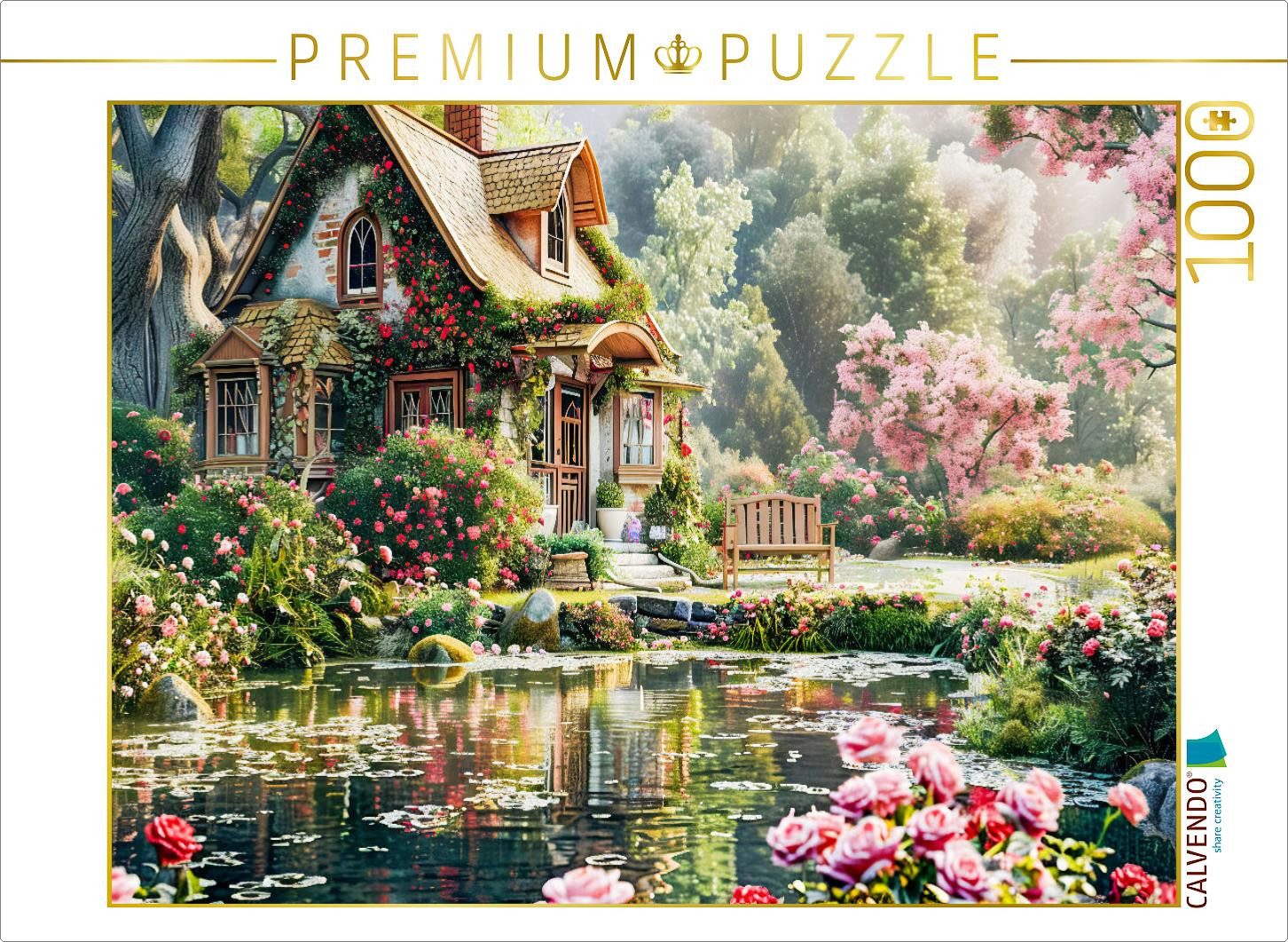 CALVENDO Puzzle CALVENDO Puzzle Cottage mit üppigem Rosengarten am Teich, 1000 Teile, 1000 Puzzleteile