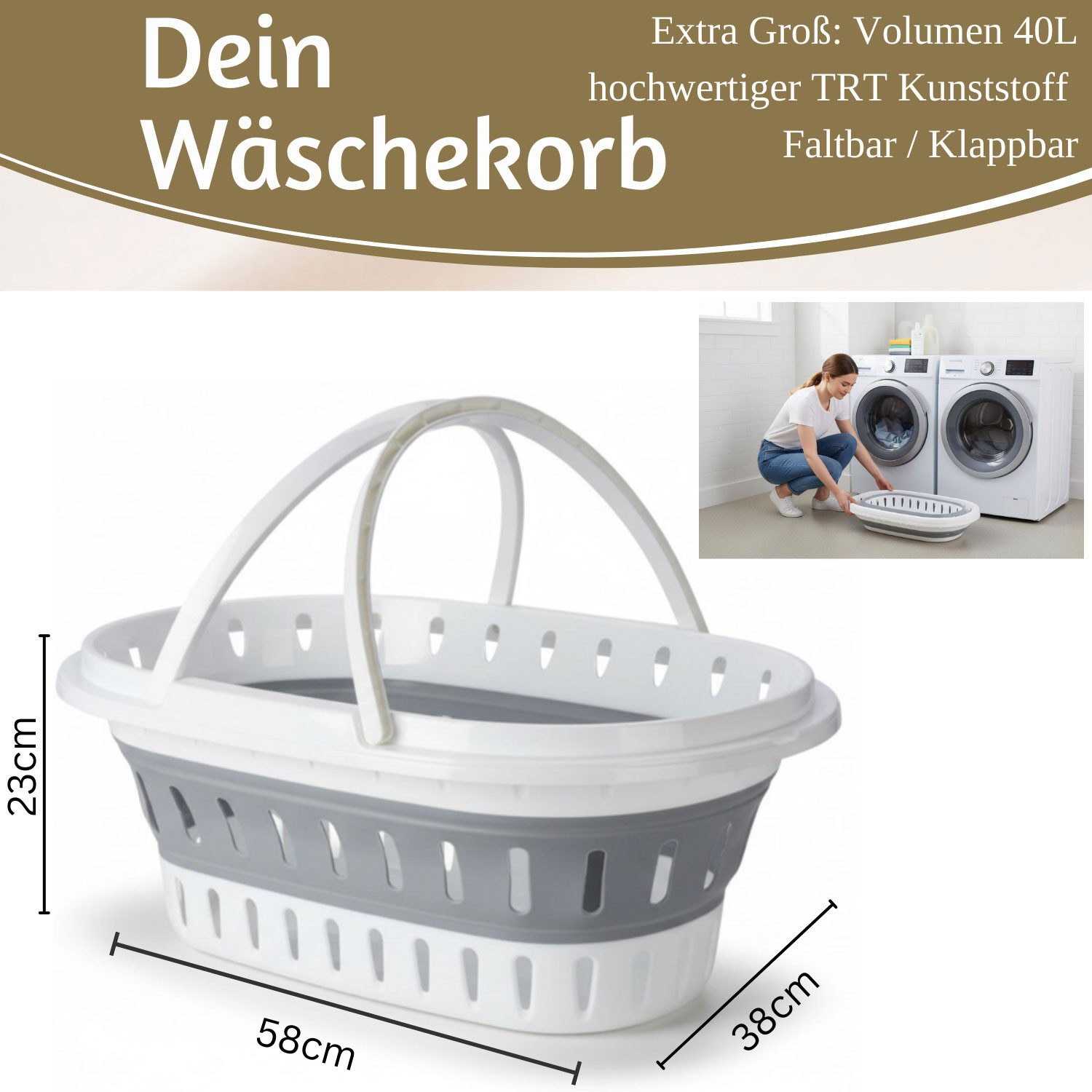 LS-LebenStil Wäschekorb XL Flexibler Wäschekorb 25L 58x38x28cm faltbar mit Griff Faltkorb (Henkel klappbar stabiler Boden tragbarer flexibler Faltkorb Faltwanne – Bild 2 von 5