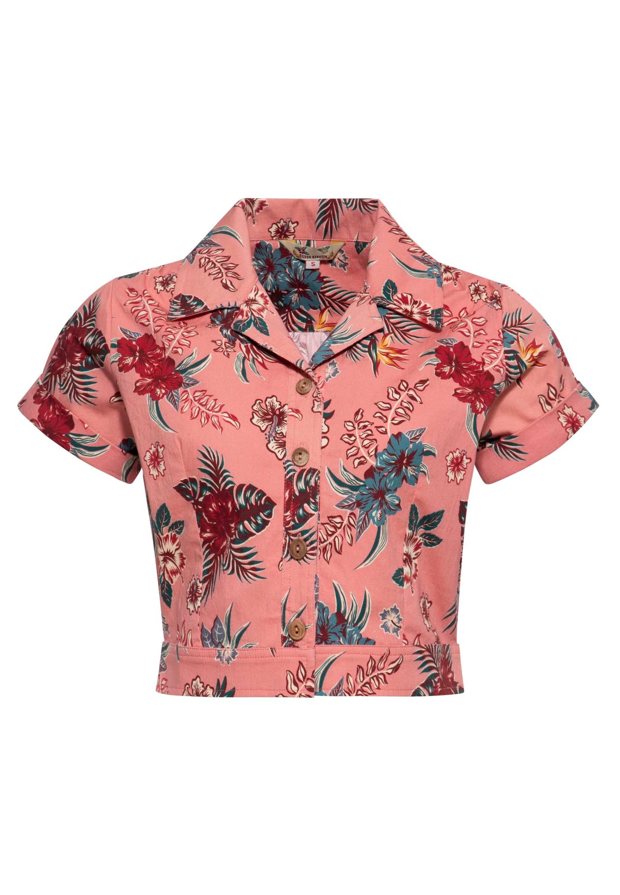 QueenKerosin Kurzarmbluse Hibiscus mit tropischem Allover-Print