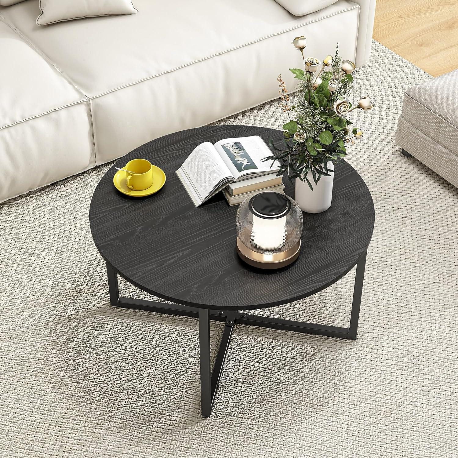 Couchtisch Runder Couchtisch Schwarz mit Metallbeinen & Holzoptik 72cm