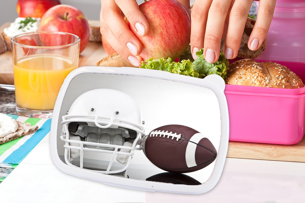 MuchoWow Lunchbox American-Football-Ausrüstung in Erwachsene, Brotbox (2-tlg), Snackbox, für Brotdose Kunststoff, Kunststoff rosa Kinder, Mädchen, Studio, einem