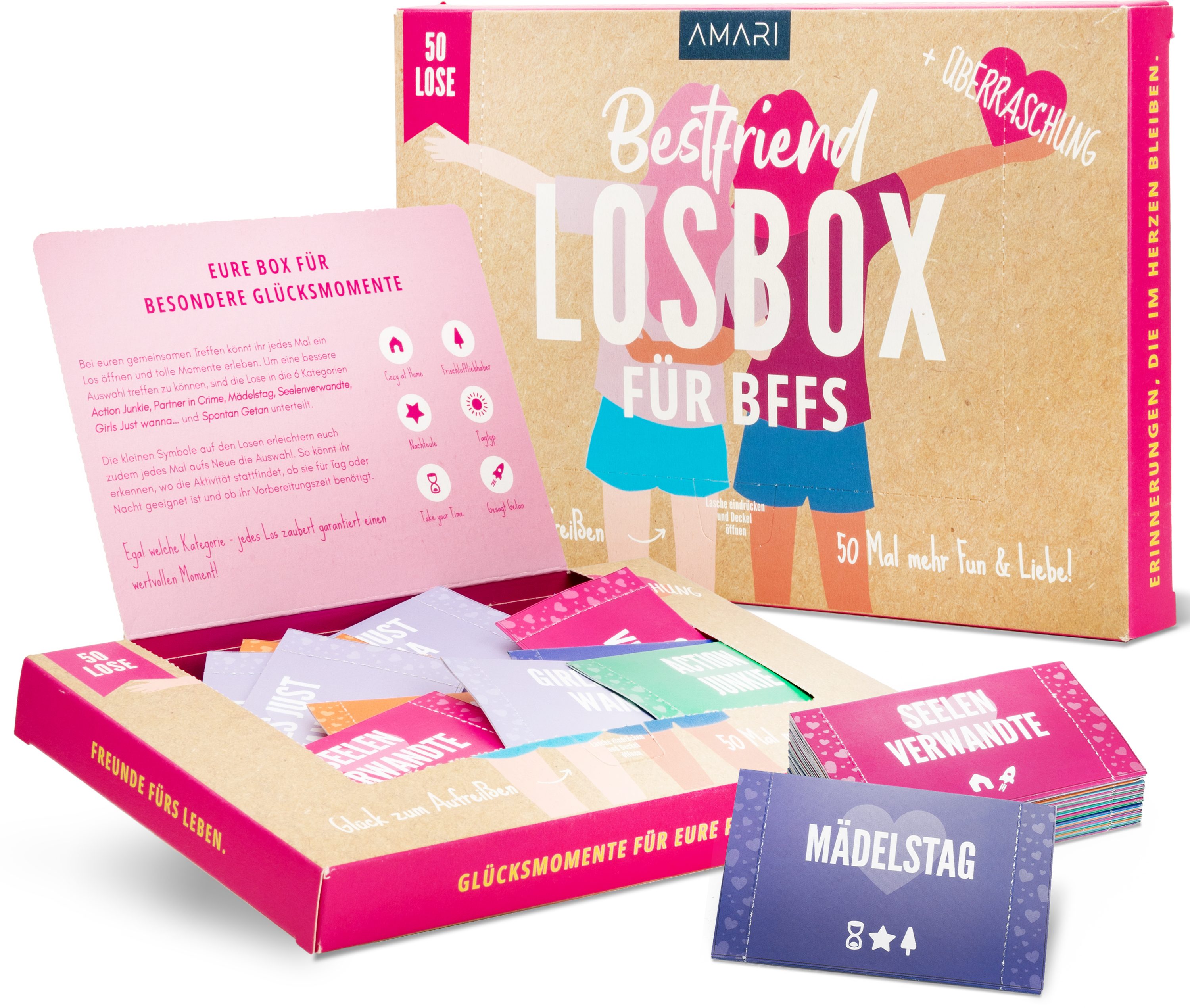 Amari Spiel Losbox Beste Freundin, 50 Lose mit Ideen für Zeit zu zweit, Geschenk, Losbox für die beste Freundin, Geburtstag, Weihnachten, Mädelsabend, 6 Kategorien, ab 2 Personen