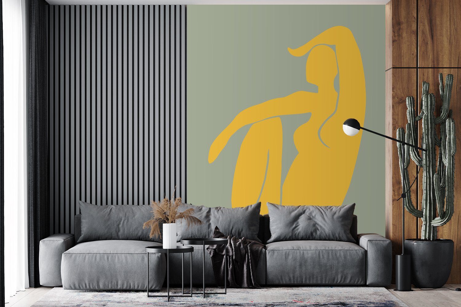 Design, für Montagefertig MuchoWow Tapete Vinyl - Gelb St), - Wandtapete Frau (4 - Grün - Minimalismus Matt, bedruckt, Wohnzimmer, Fototapete
