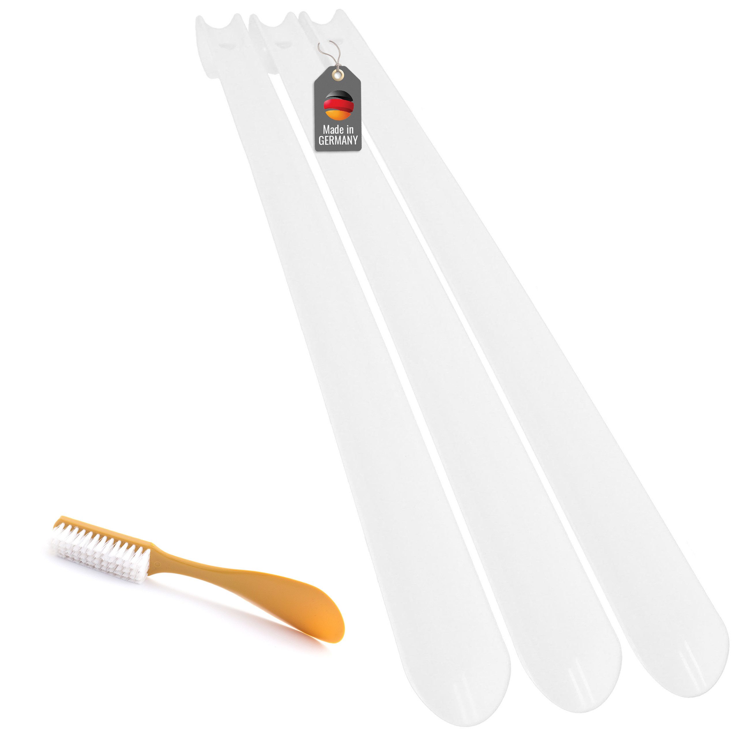 Lantelme Schuhlöffel 3 Stück 65cm und Schuhbürste im Set 4 Tlg. Schuhanzieher Kunststoff, Schuhanziehhilfe Deutsche Herstellung mit Farbauswahl