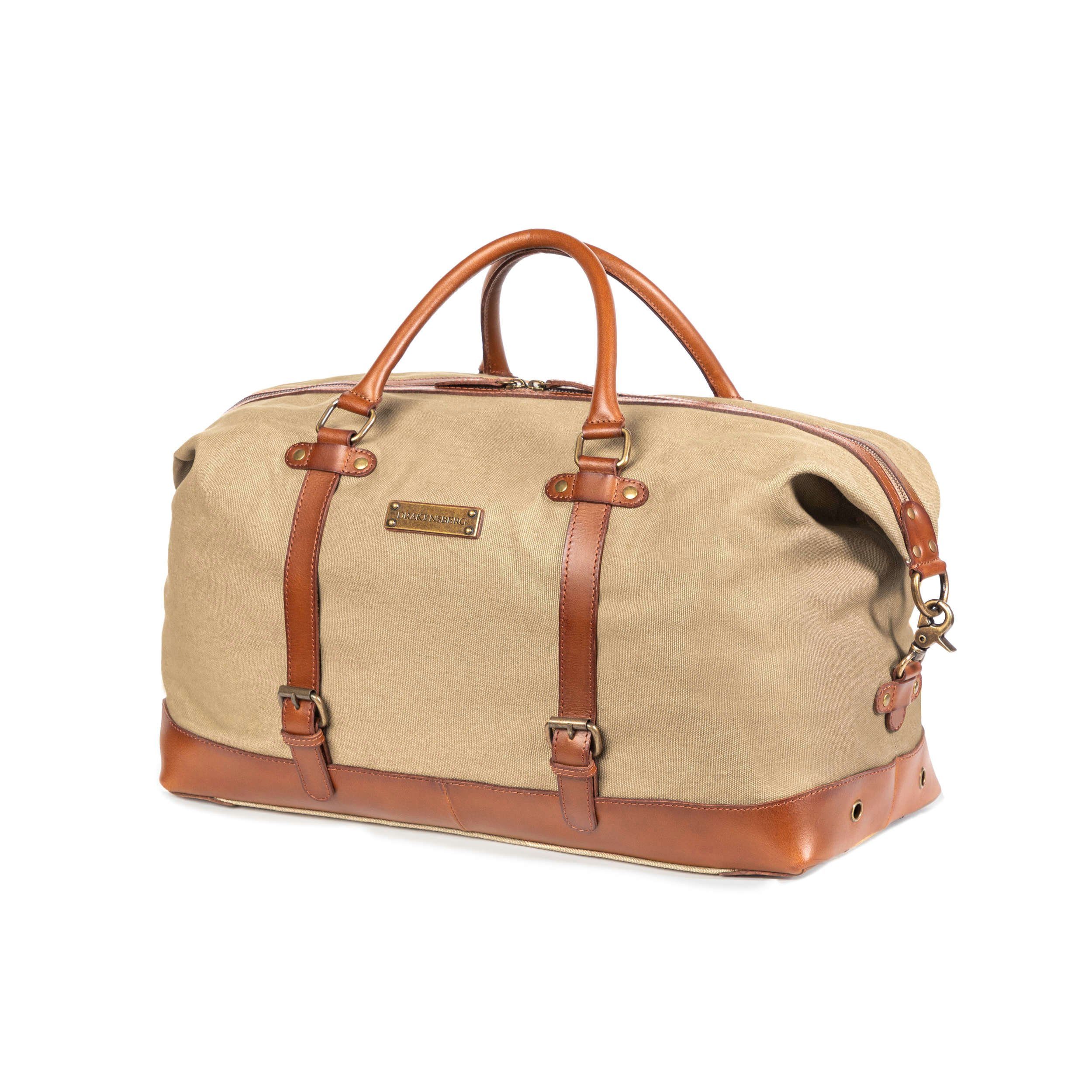 DRAKENSBERG Reisetasche Weekender »Owen« Khaki-Beige, für Damen und Herren, stilvoll und elegant, Canvas, Leder, erweiterbar