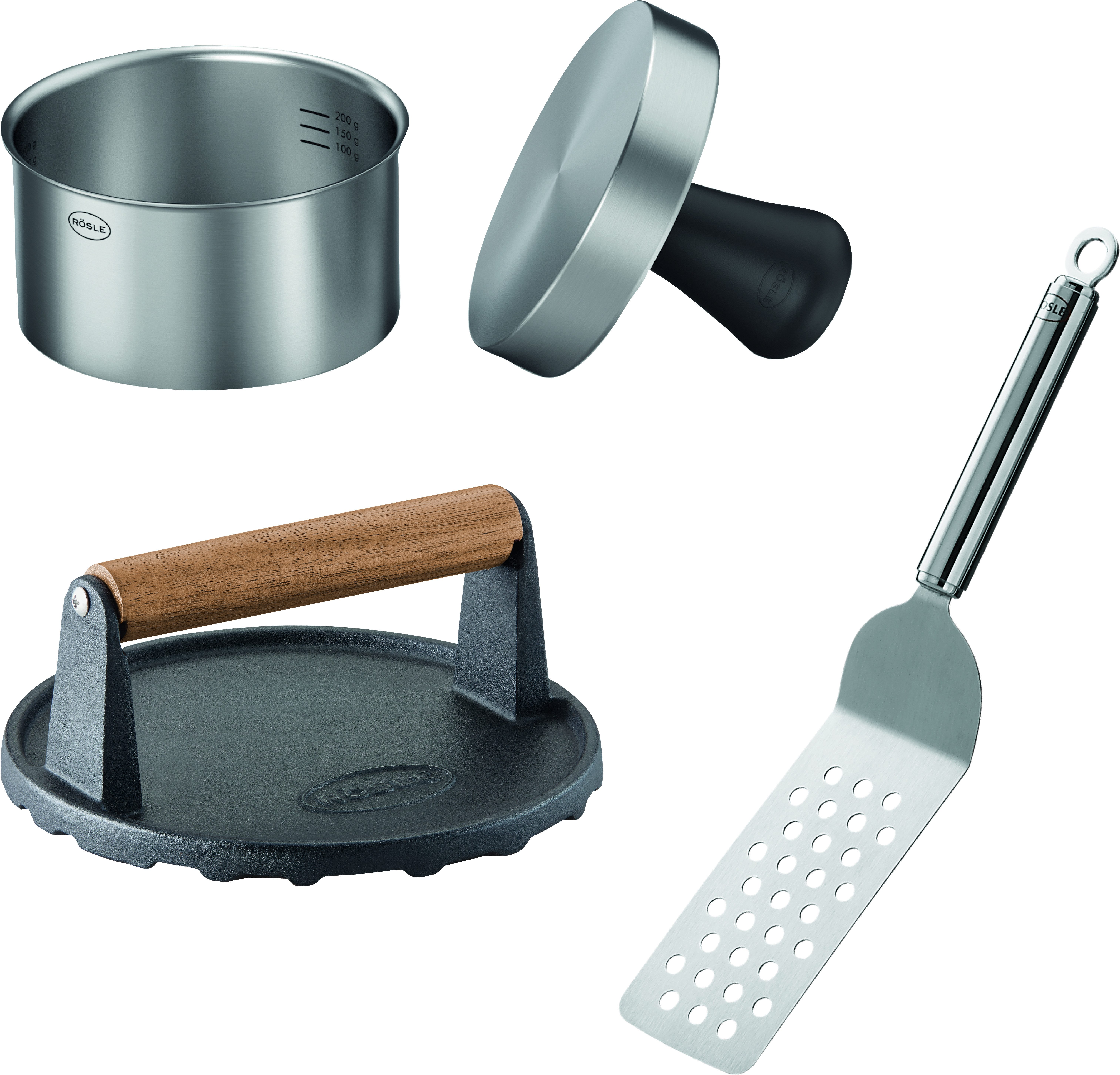 RÖSLE Burgerpresse Barbecue Burger Set All-In-One, Edelstahl 18/10, Gusseisen, 3-tlg., Burgerpresse PRO, BBQ-Gewicht und Burger Wender