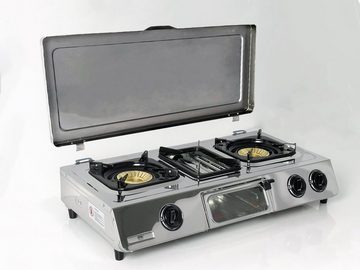 NJ The right choice Gaskocher GC-87C, (Gasgrill Campingkocher, Edelstahl Gaskocher mit Deckel), LPG Gaskocher 3 flammig / Kochfelder mit Grill mit Deckel