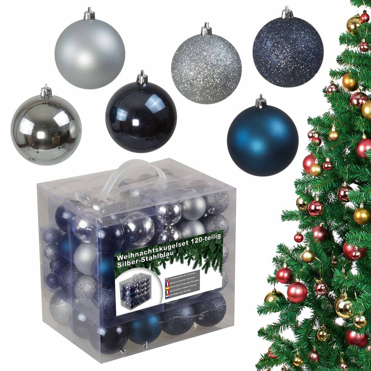bonsport Weihnachtsbaumkugel Weihnachtskugeln (120 St) Silber/Stahlblau | Weihnachtskugeln