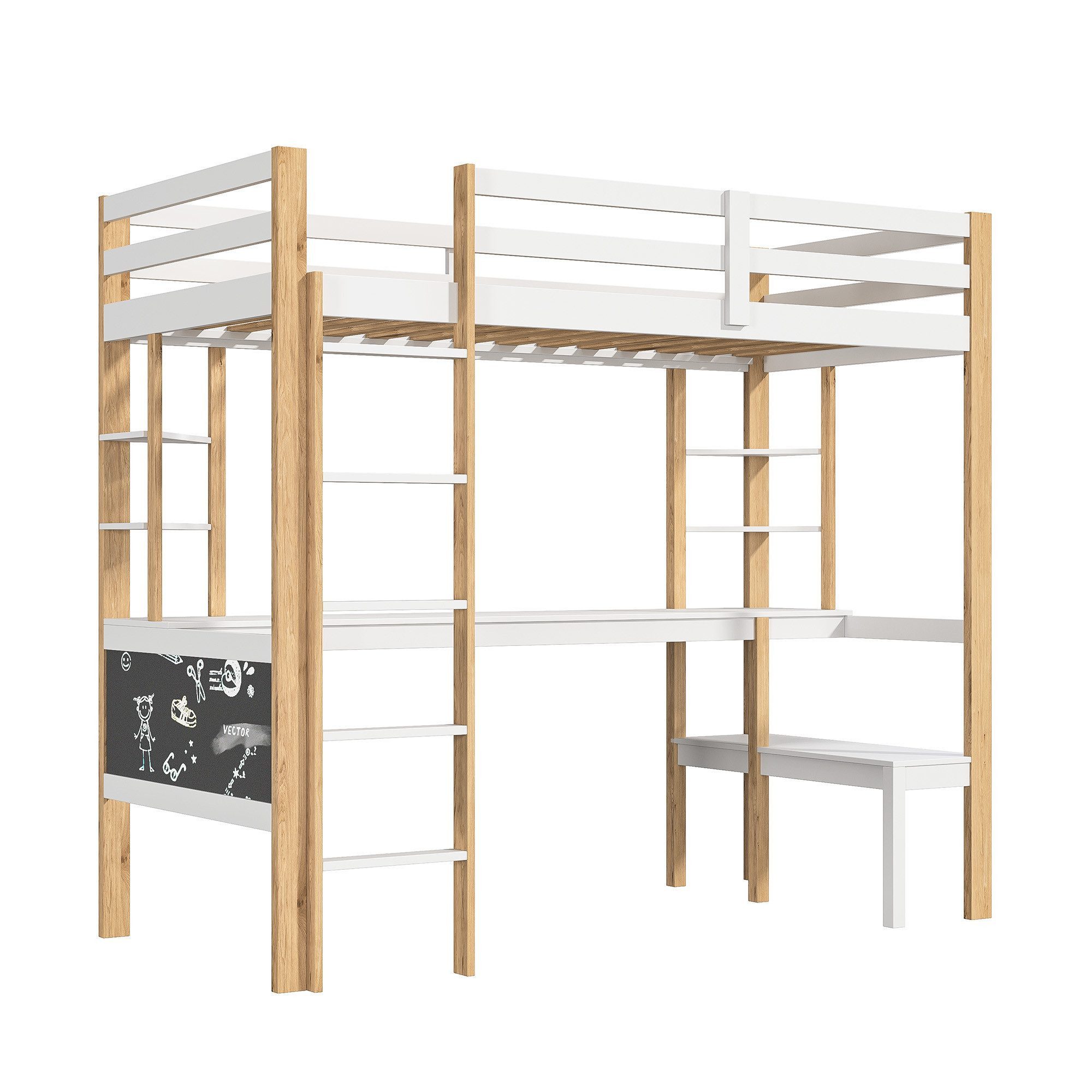 PXloue Hochbett 90/140 x 200 Stauraumbett Kinderbett (Rausfallschutz, geeignet für Jugendliche und Kinder) Holzbett Mit Treppe, Absturzsicherung, Erholungsgebiet, 90x200 cm