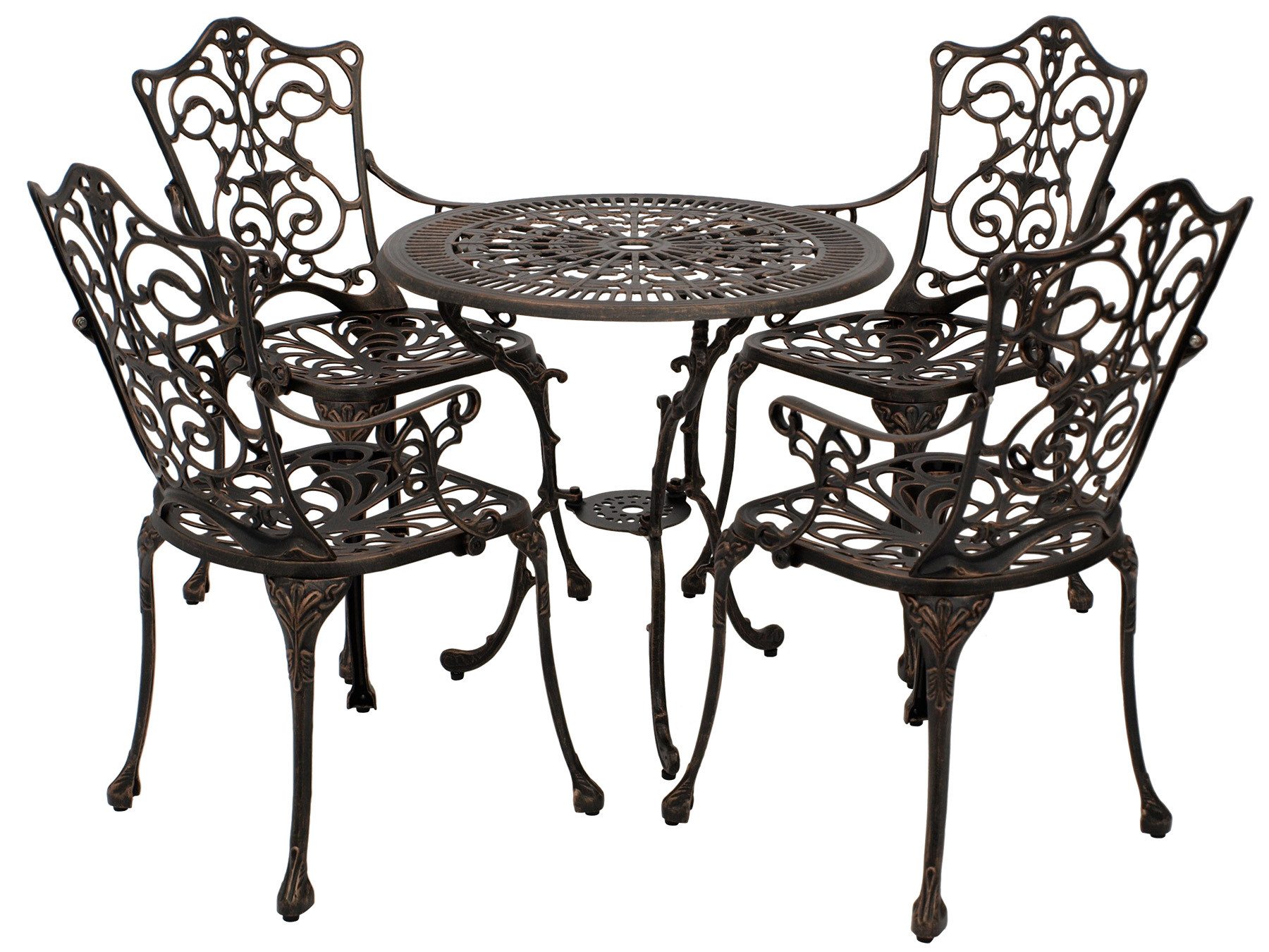 TPFGarden Sitzgruppe BOULDER, (Bistroset - Jugendstil - Gartenmöbel Set 5-teilig, 5-tlg., Sitzgruppe Aluguss antik bronze), (4x Sessel und 1x Tisch in Jugendstil Optik)