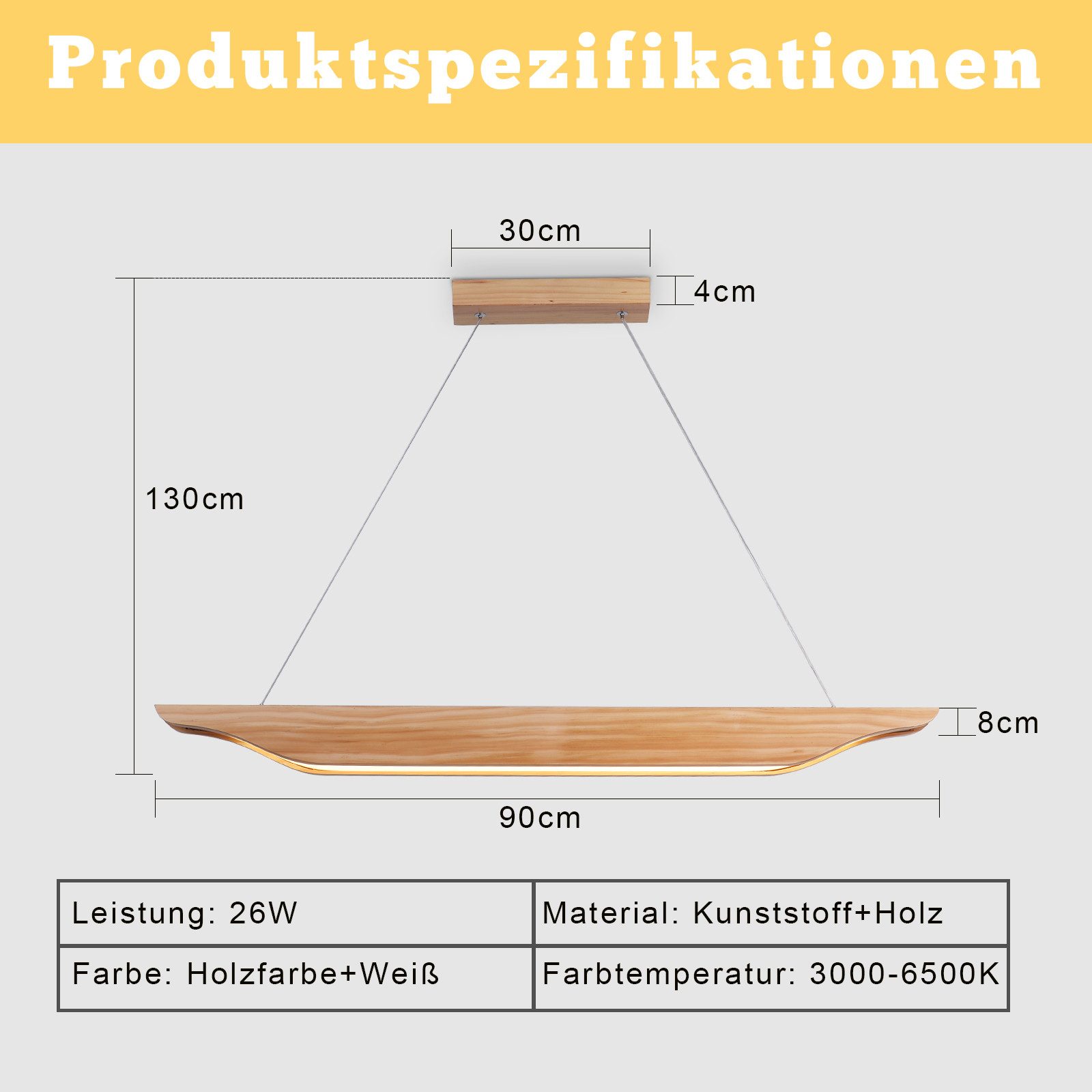ZMH Pendelleuchte Esstisch 90 cm aus Holz, dimmbare Hängelampe mit Fernbedienung, LED fest integriert, Hängeleuchte 3000-6500 K, bis 130 cm Gesamthöhe – Bild 3 von 5