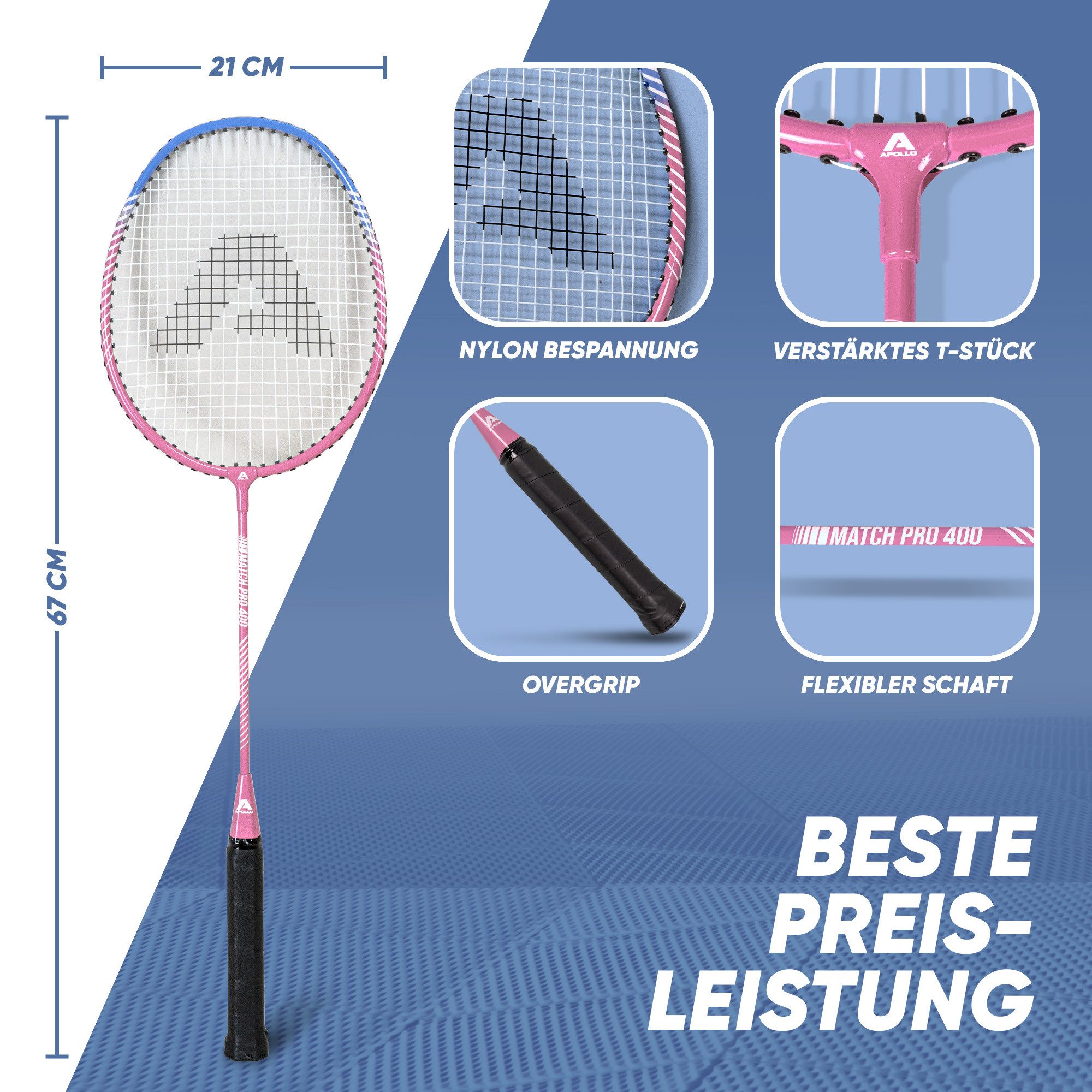 Apollo Badmintonschläger Badminton Set Match Pro 400 - 2x Badmintonschläger inkl. Bälle,Tasche, (mit Tasche, mit Bällen), Alu-Rahmen, verstärktes T-Stück, flexibler Schaft, Nylon-Bespannung