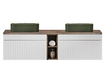 einfachgutemoebel Waschtisch-Set Badezimmer VITTAVLA 180cm Set 4-tlg., Aufsatzbecken grün, matt-weiß, (Badmöbel Set, 1-St., Waschtisch Set 4-teilig)