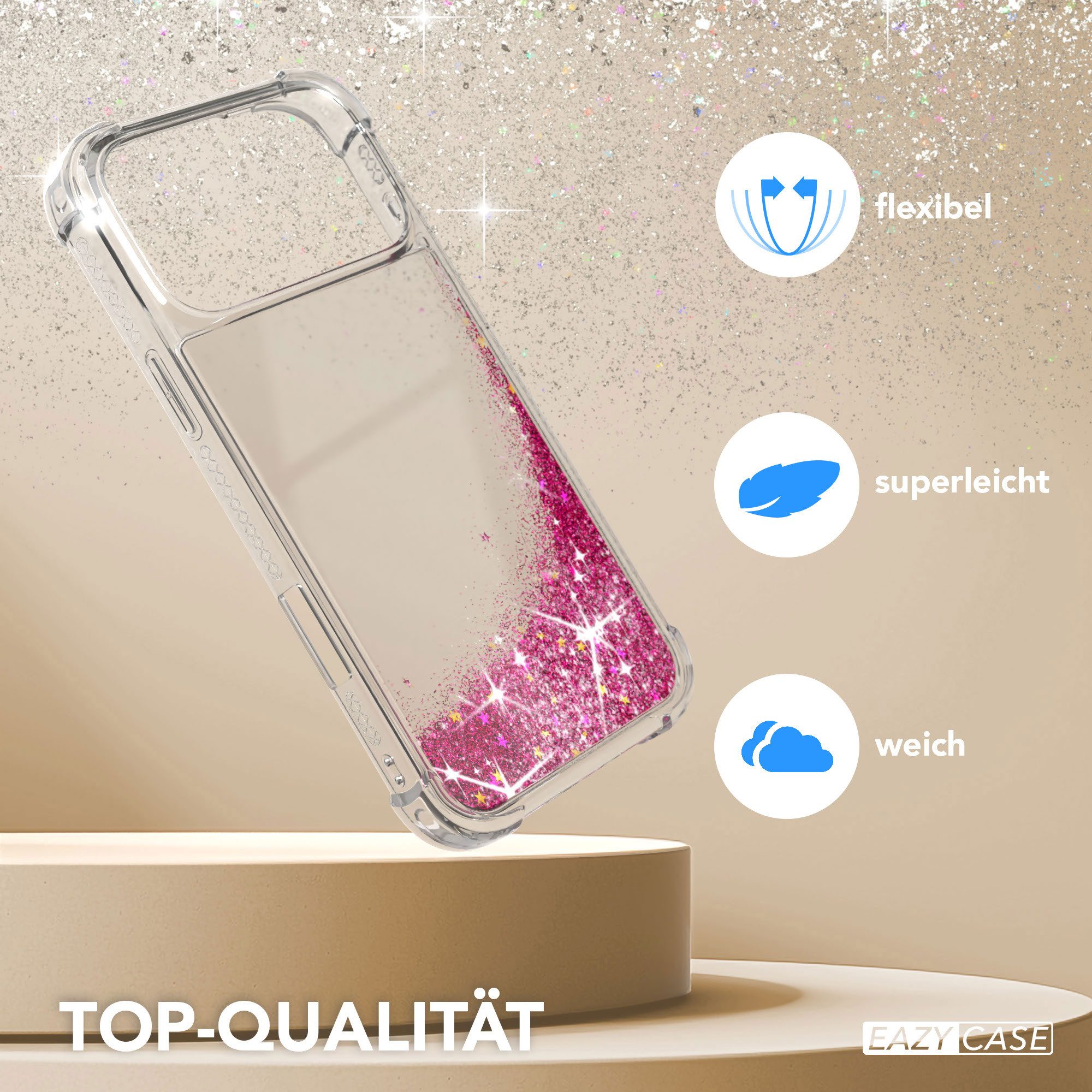 EAZY CASE Handyhülle Liquid Glittery Case für Apple iPhone 17 Pro Max 6,9 Zoll, Glitzerhülle Shiny Slimcover stoßfest Durchsichtig Bumper Case Pink