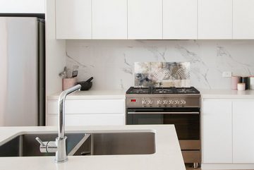 MuchoWow Küchenrückwand Abstrakt - Kunst - Linien - Weiß - Blau - Beige, (1-tlg), 60x30 cm, Wandschutz, gegen Fett und Schmutzflecken für Küchen