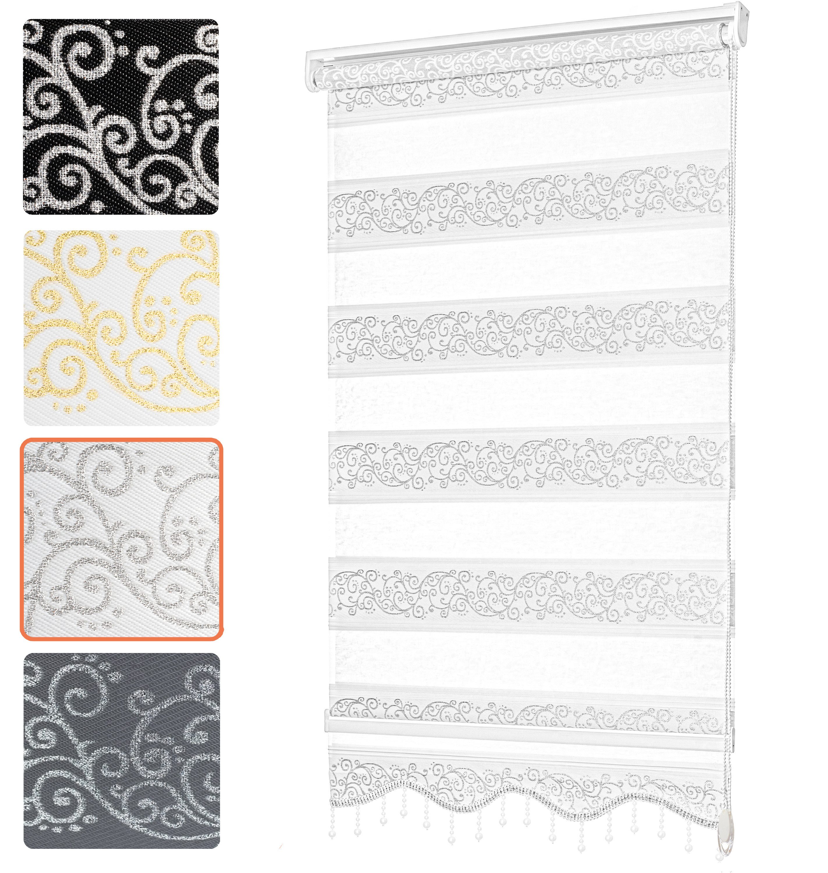 Doppelrollo ohne Bohren, Doppelrollo für Fenster mit Muster, Bailena, Lichtschutz, ohne Bohren, freihängend, Klemmfix, Duo Роллы mit Perlen, glitzernd, Ranken Blumen Motiv