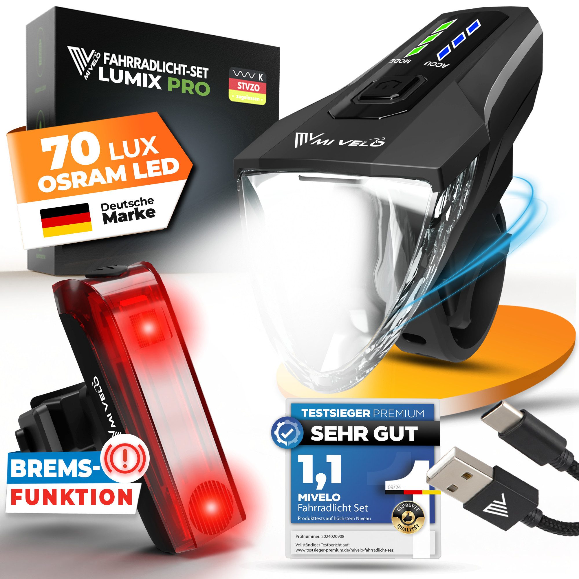 MIVELO Fahrradbeleuchtung LUMIX Fahrradlicht LED Set 70 LUX - Akku USB aufladbar wasserdicht, OSRAM LED