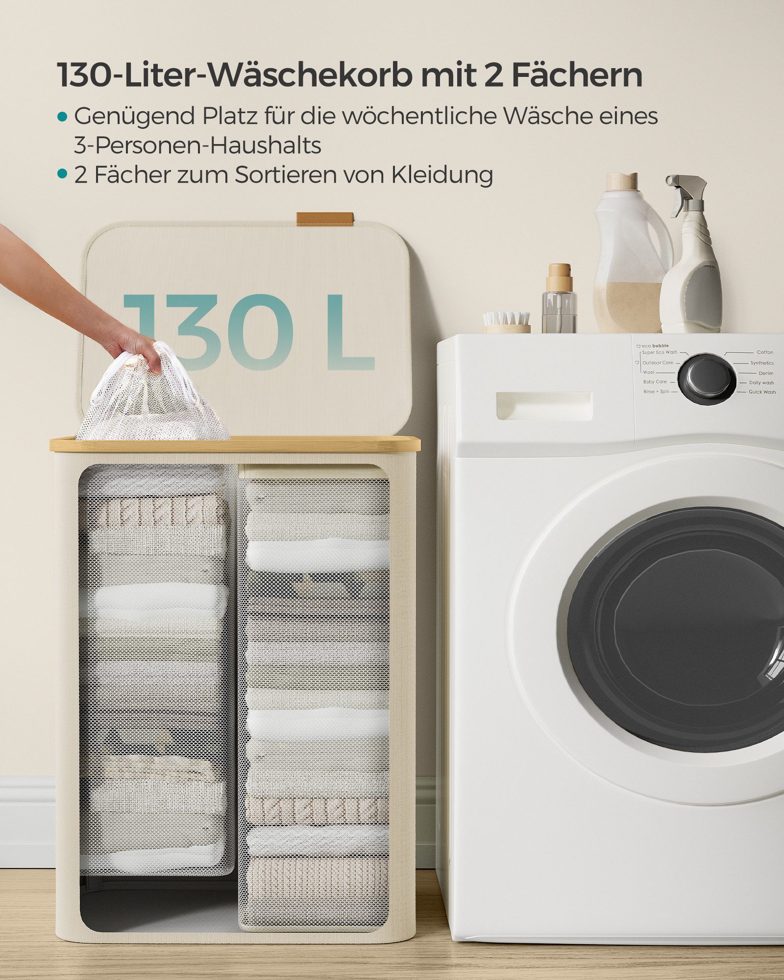 SONGMICS Wäschekorb, mit Deckel, 2 Fächern, 130 L, herausnehmbarer, Griffe aus Bambus