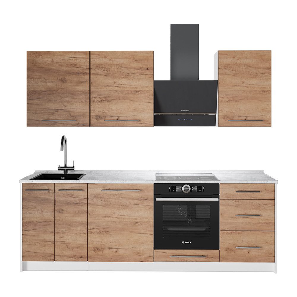 Vicco Küchenzeile Fame-Line, Goldkraft Eiche/Weiß, 230 cm ohne Arbeitsplatte