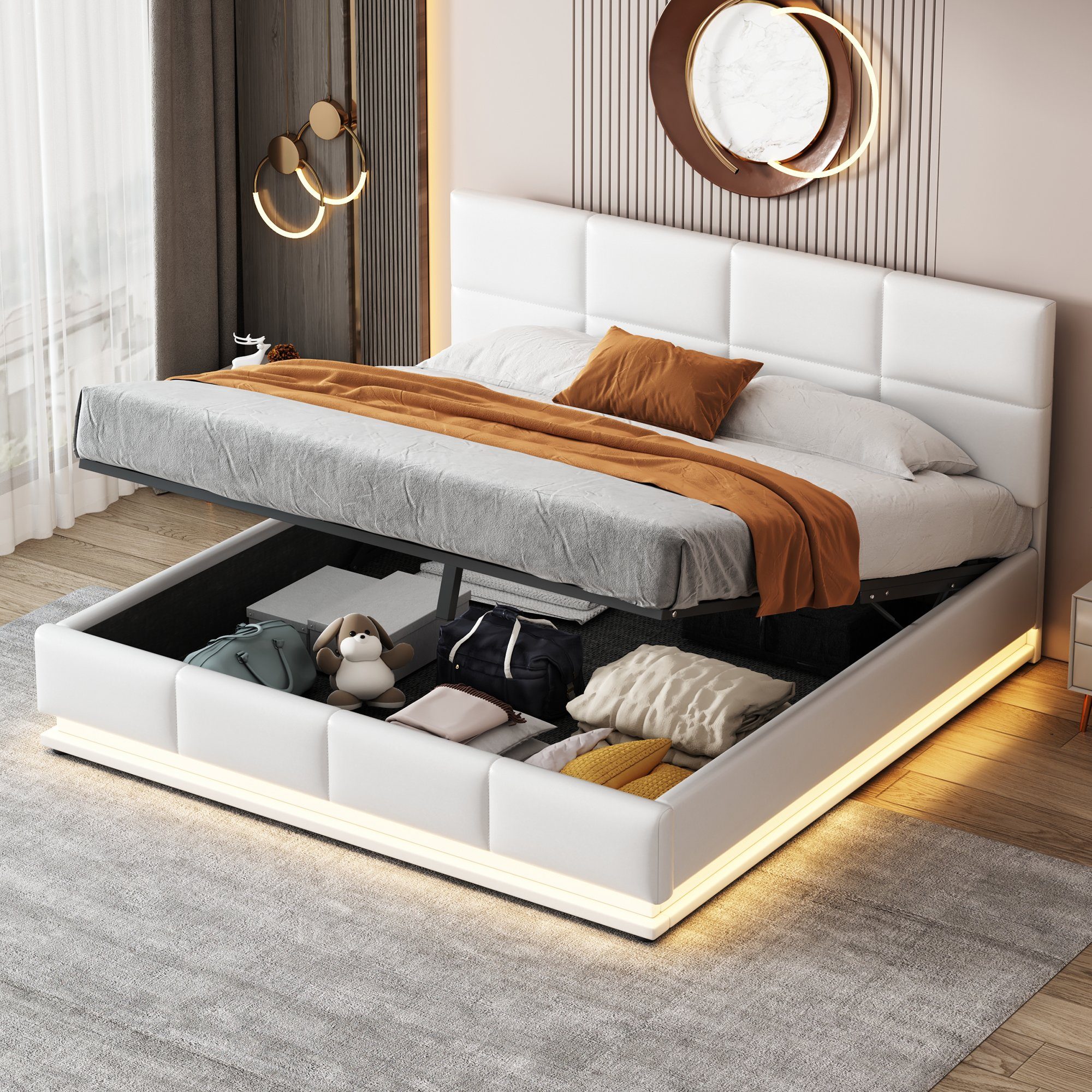 Flieks Polsterbett, LED hydraulisches Doppelbett Kunstleder günstig online kaufen
